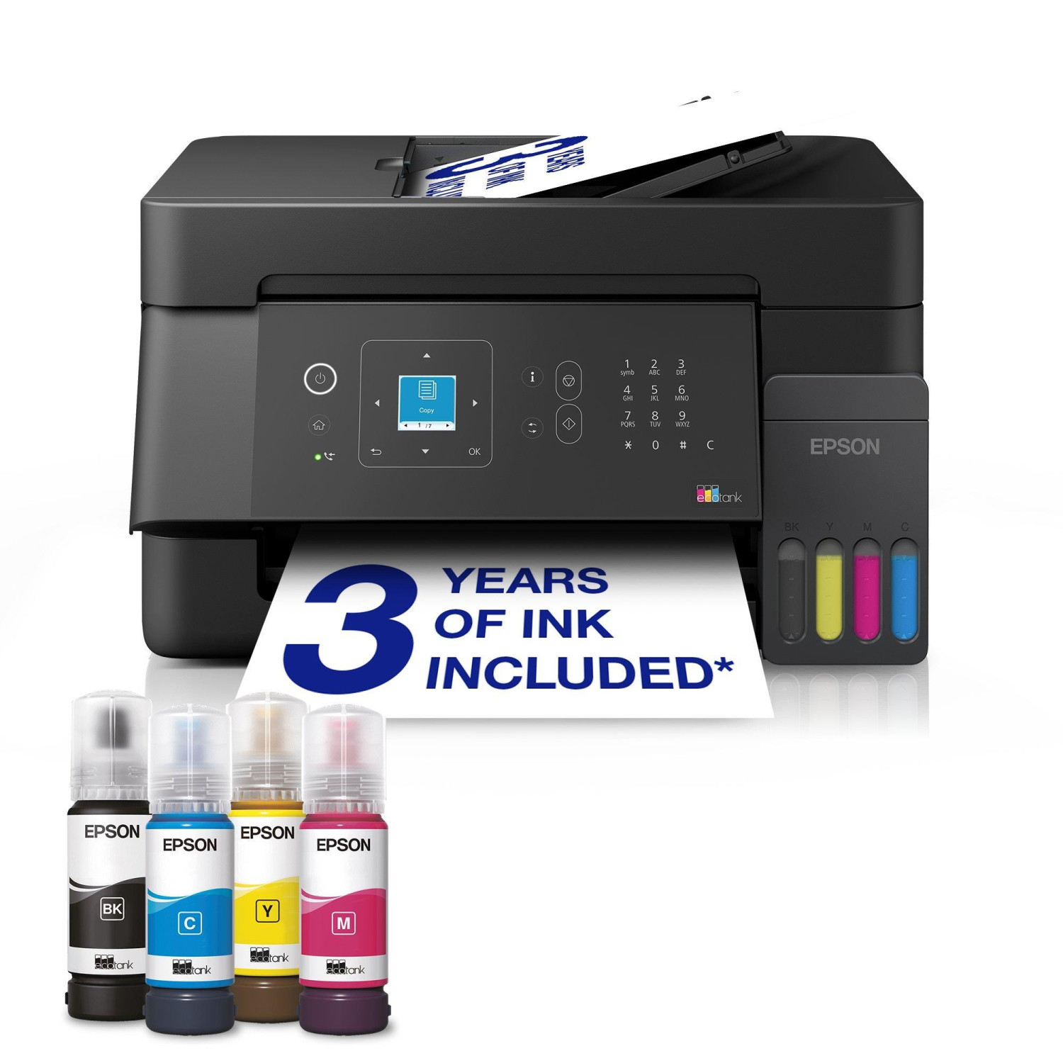 Impresora Epson EcoTank con cuatro botellas de tinta para negro, cian, amarillo y magenta sobre fondo blanco.
