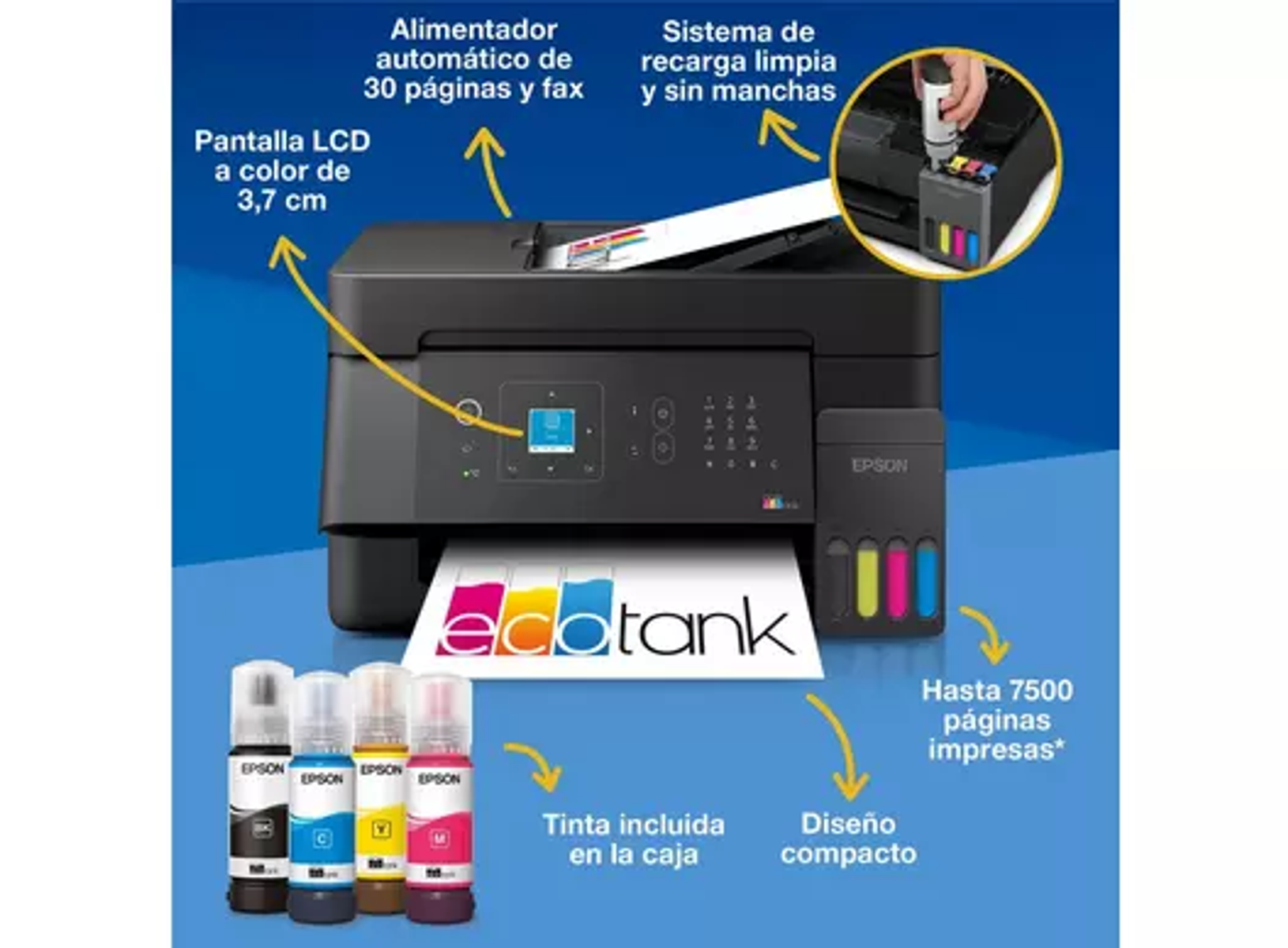 Impresora Epson EcoTank con cuatro botellas de tinta abajo, destacando funciones como pantalla color y sistema.