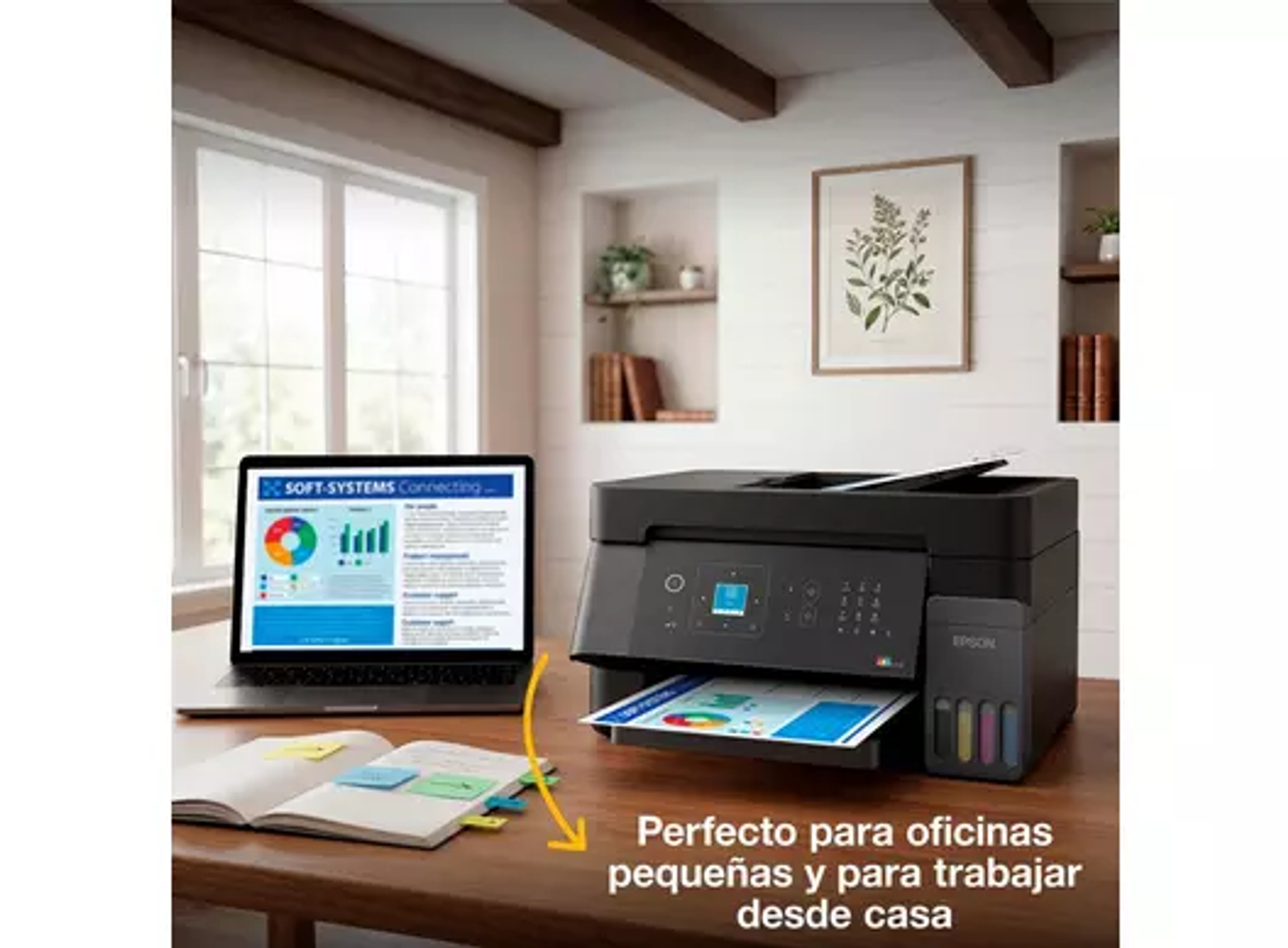 Una impresora negra Epson y un portátil con gráfico en pantalla están en un escritorio de madera.