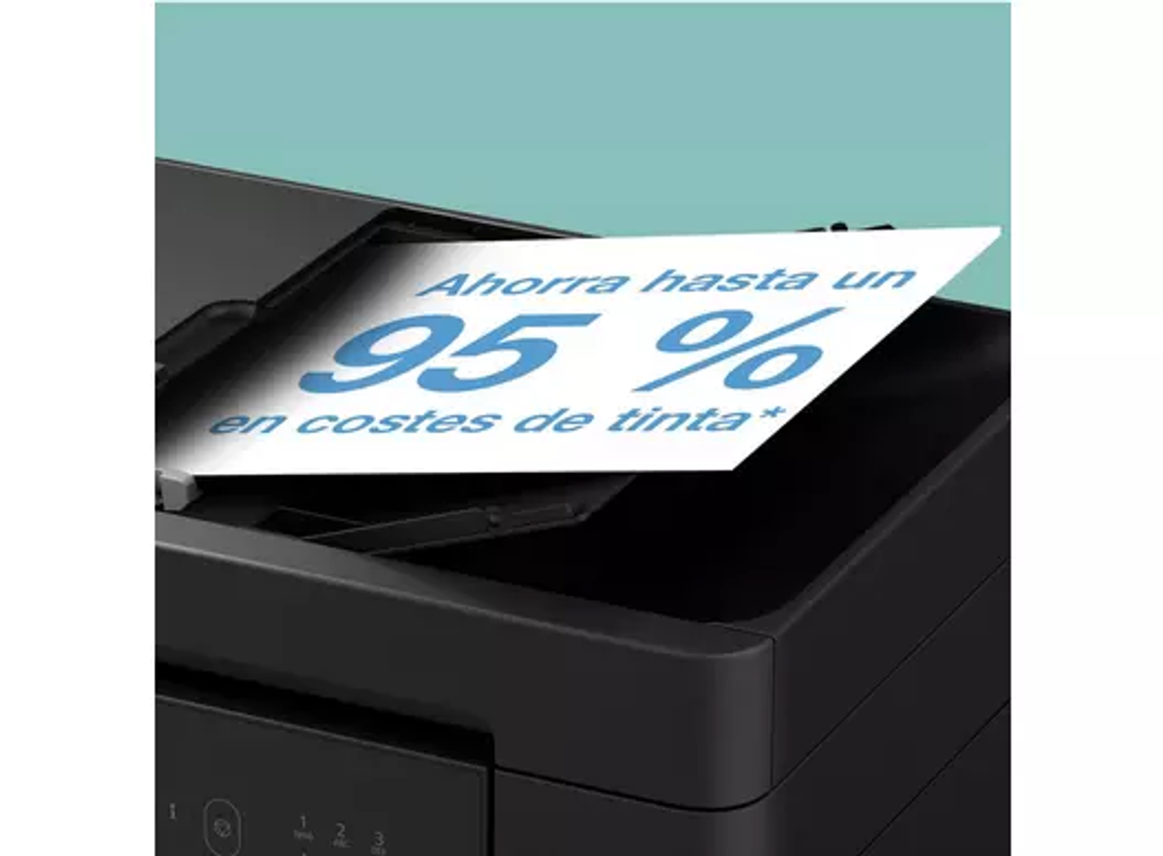 Una impresora negra con un papel impreso que muestra el texto 95%.