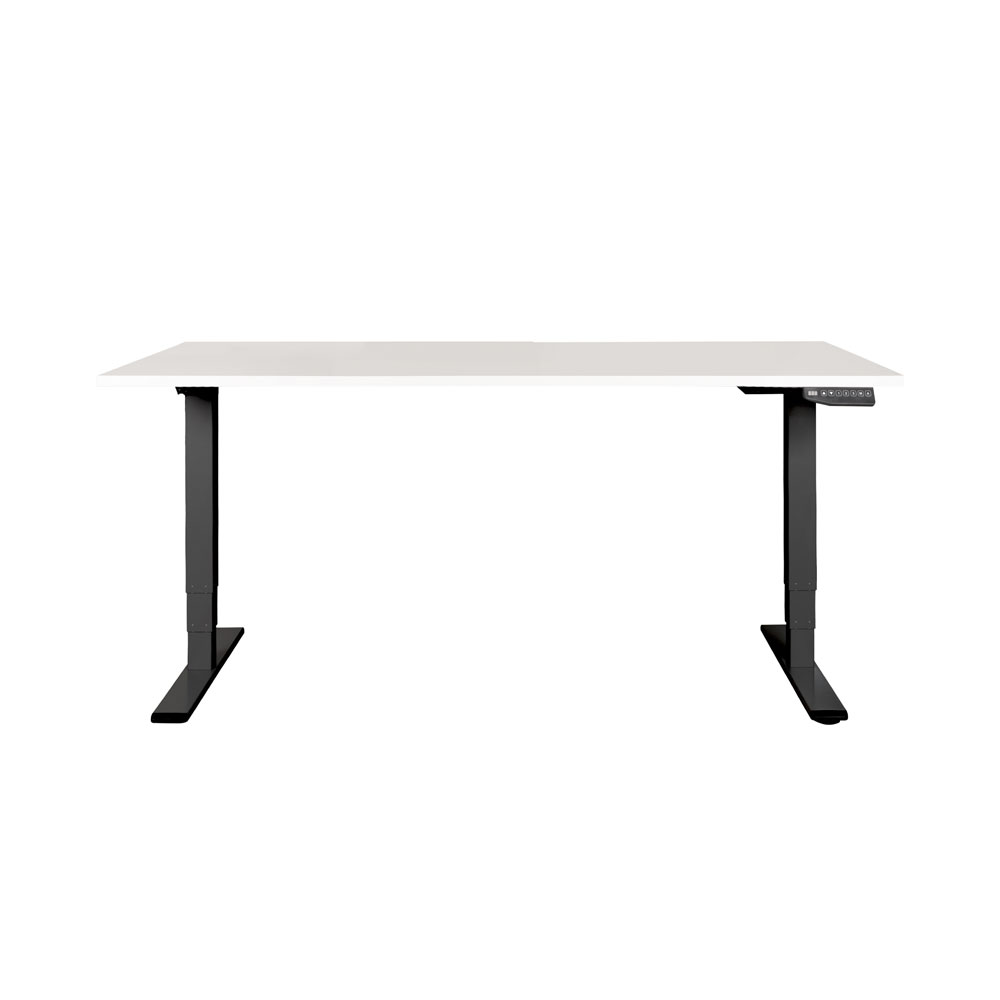 Un bureau moderne avec plateau blanc et pieds noirs réglables en hauteur sur fond blanc.