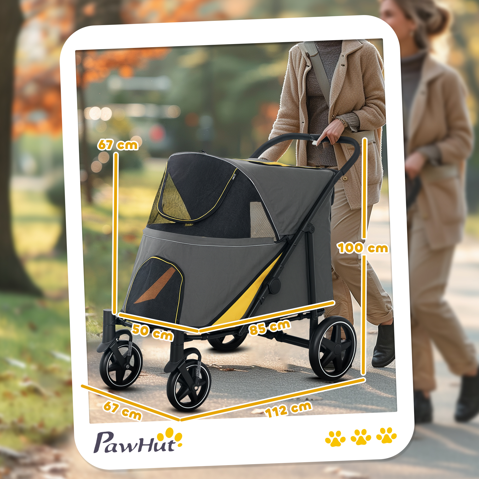 Passeggino grigio per animali con dettagli gialli e dimensioni in un parco.