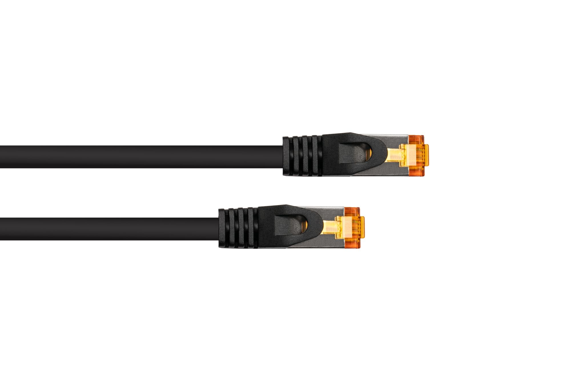 Zwei schwarze Netzkabel mit orangefarbenen RJ45-Steckern vor weißem Hintergrund.