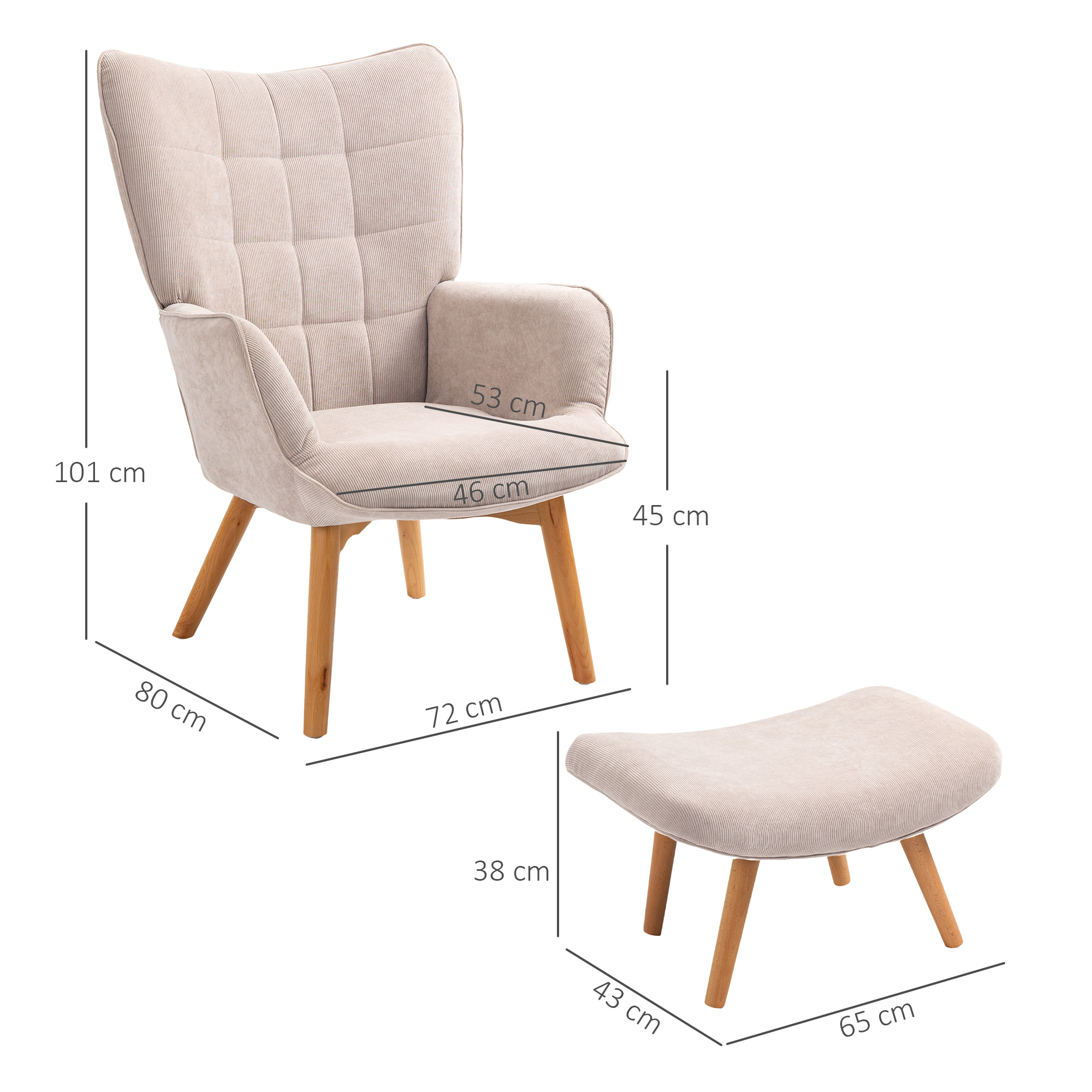 Poltrona orecchiona beige con gambe in legno e poggiapiedi abbinato mostra linee di quota dettagliate.
