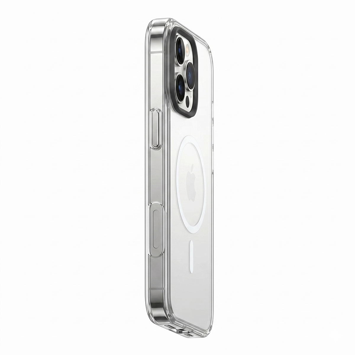 Seitenansicht eines iPhones in einer transparenten Hülle mit MagSafe-Ring vor weißem Hintergrund.