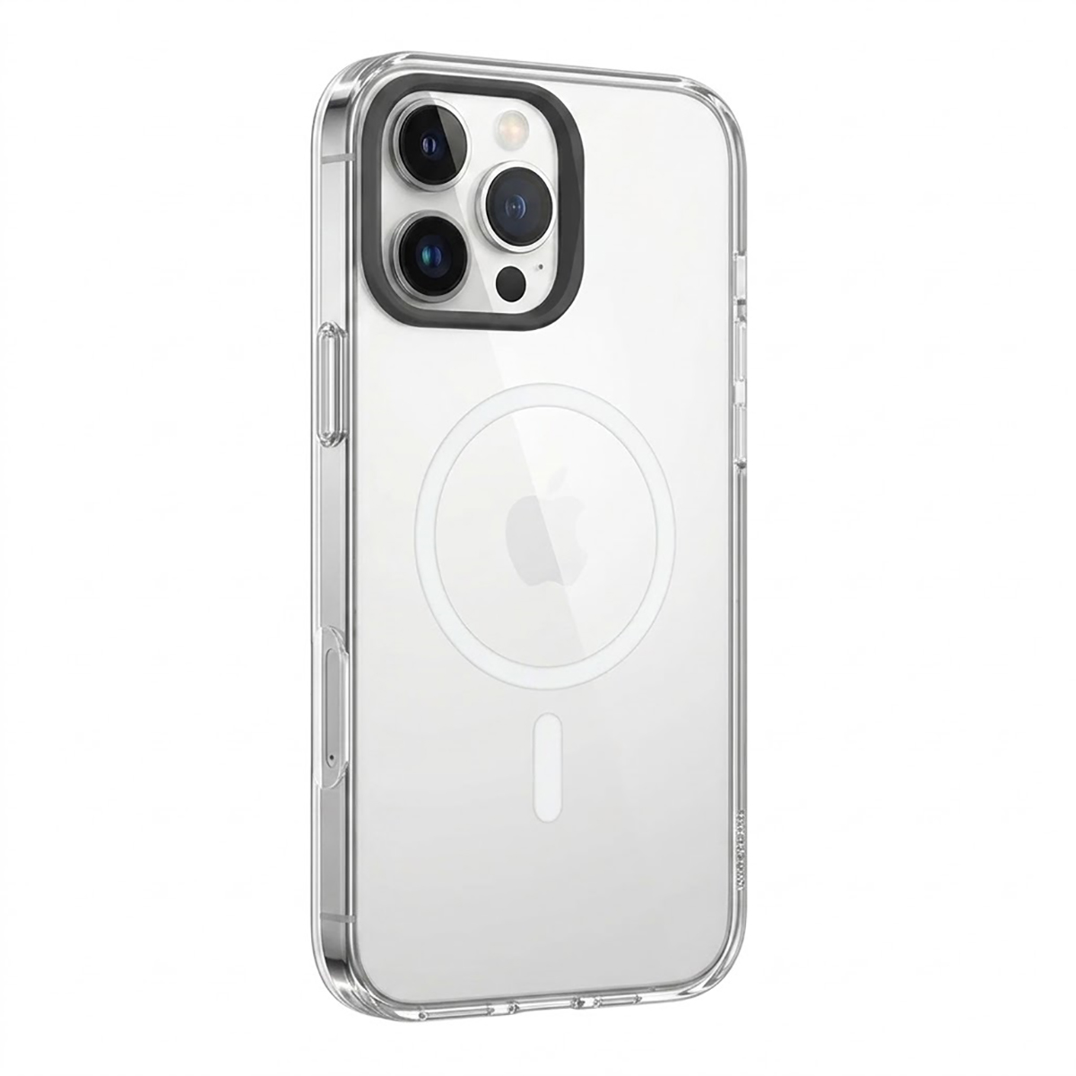 Eine transparente iPhone-Hülle mit MagSafe-Ring und dreifachem Kameraausschnitt auf weißem Hintergrund.