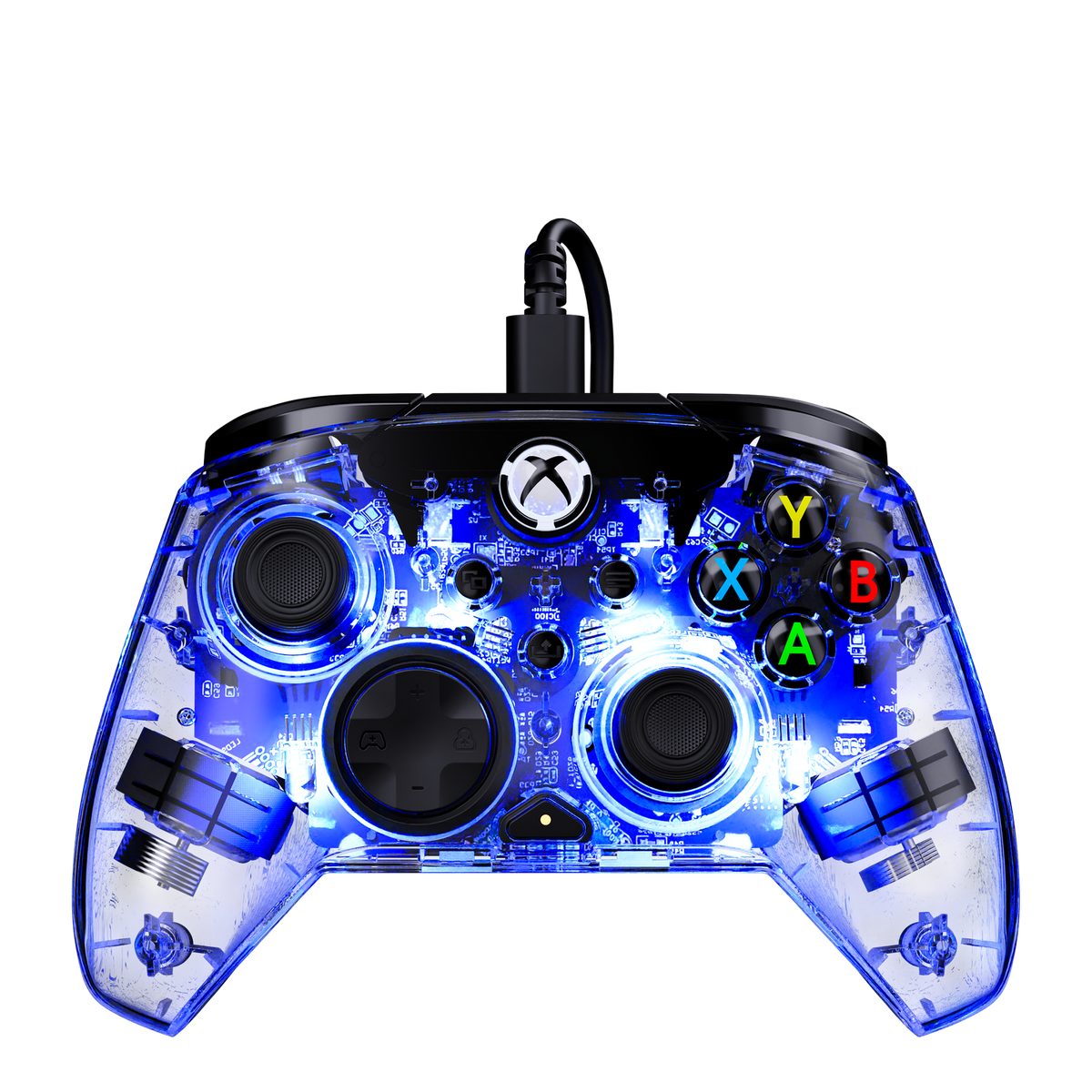 Controlador Xbox azul transparente con circuitos internos brillantes, dos joysticks y botones de acción.