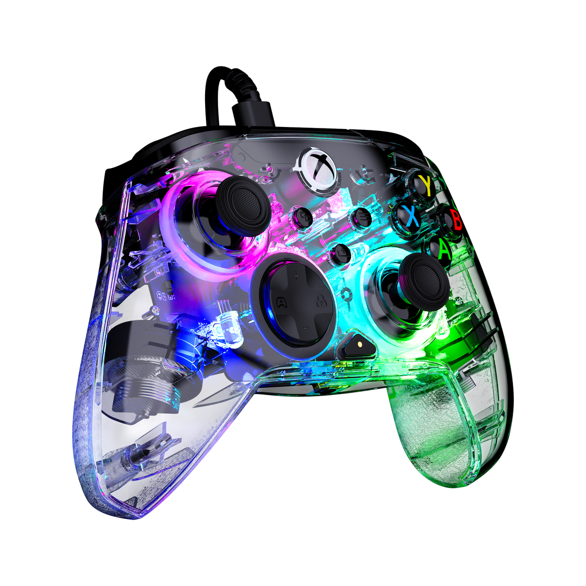 Controlador Xbox transparente con iluminación RGB rosa y verde brillante sobre fondo negro.