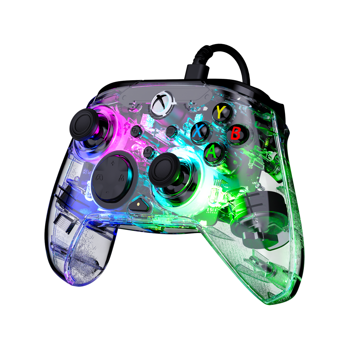 Controlador Xbox transparente con vibrantes luces RGB multicolor sobre fondo negro.