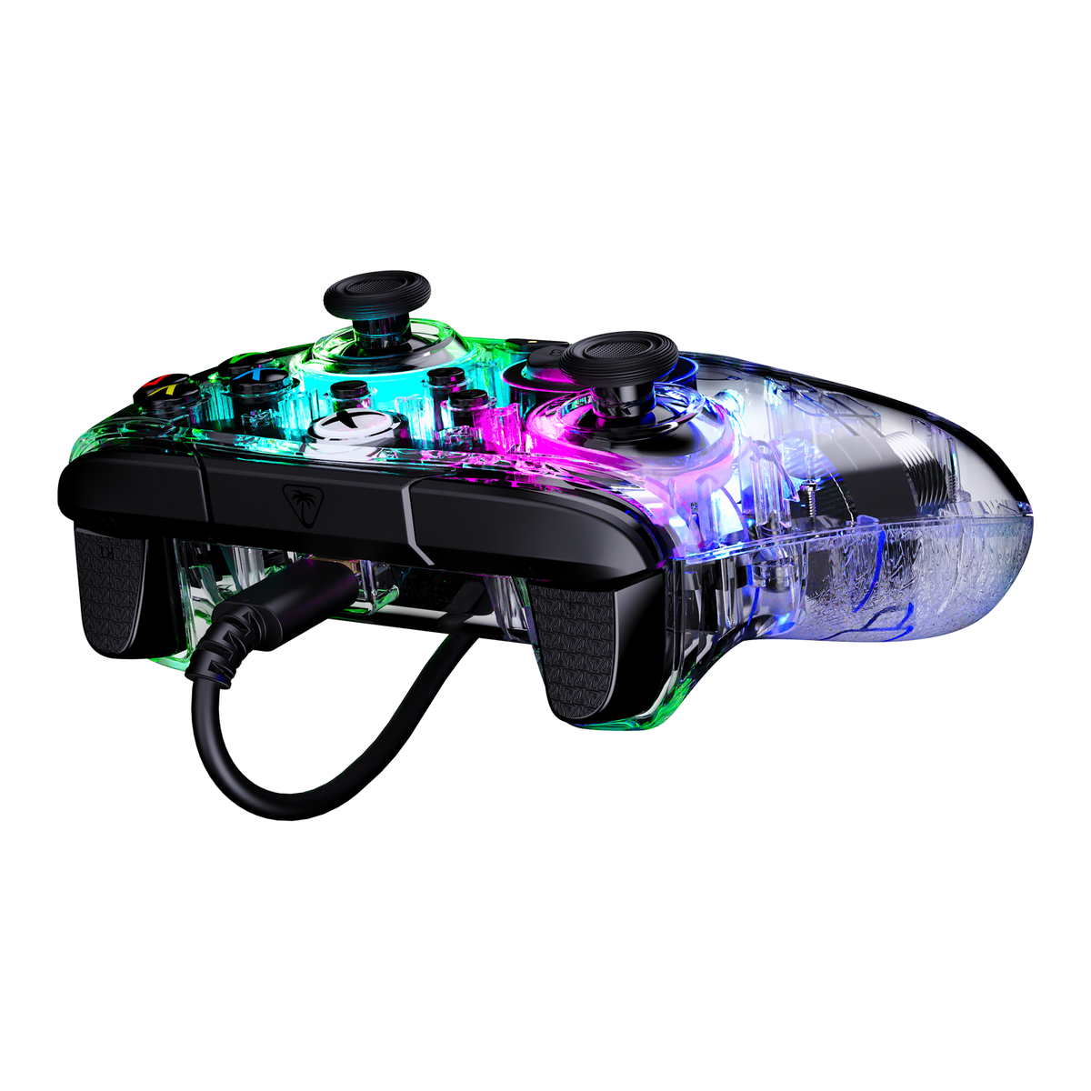 Un mando de juego transparente con luces LED internas de colores y un cable negro sobre fondo oscuro.
