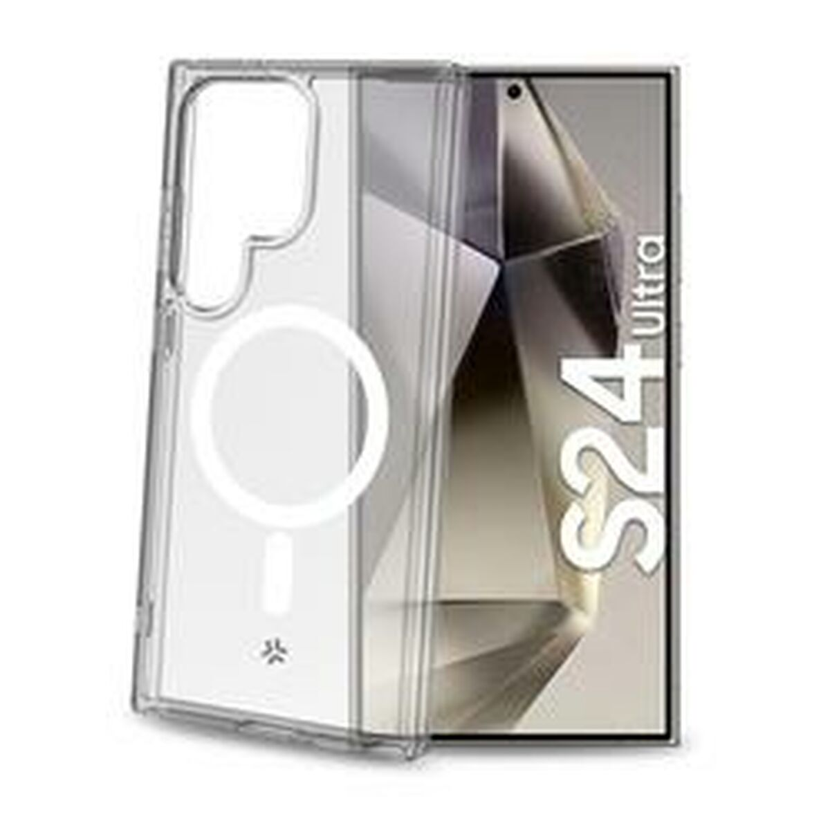 Funda transparente con anillo MagSafe para S24 Ultra, en un smartphone.