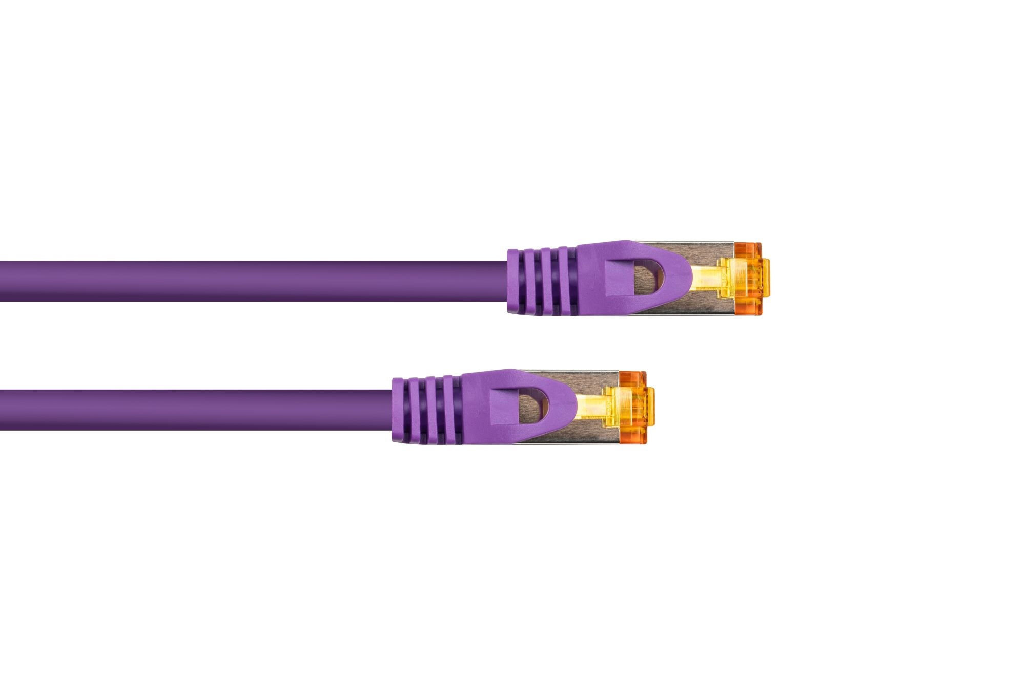 Zwei violette Ethernet-Kabel mit RJ45-Steckern auf weißem Hintergrund.