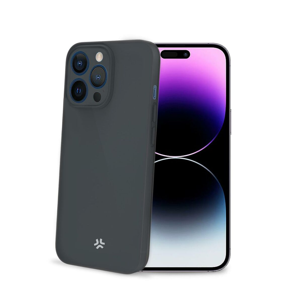 Un teléfono inteligente gris oscuro con una funda protectora a juego y pantalla brillante sobre fondo blanco.
