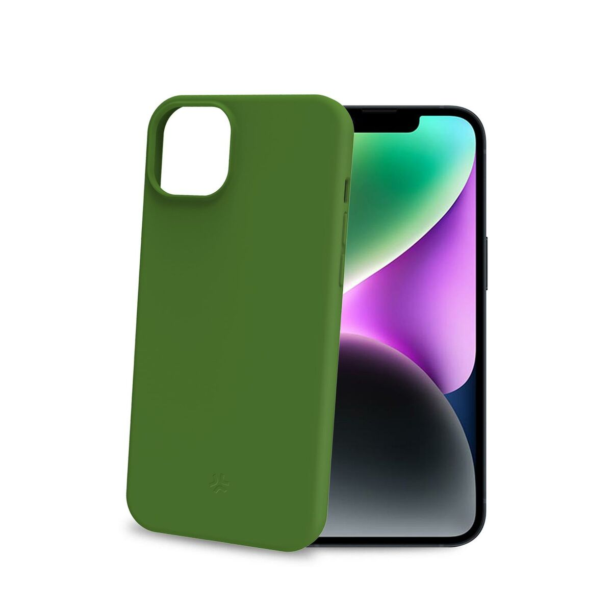 Una funda de móvil verde oliva se sitúa frente a un smartphone con pantalla colorida sobre fondo blanco.