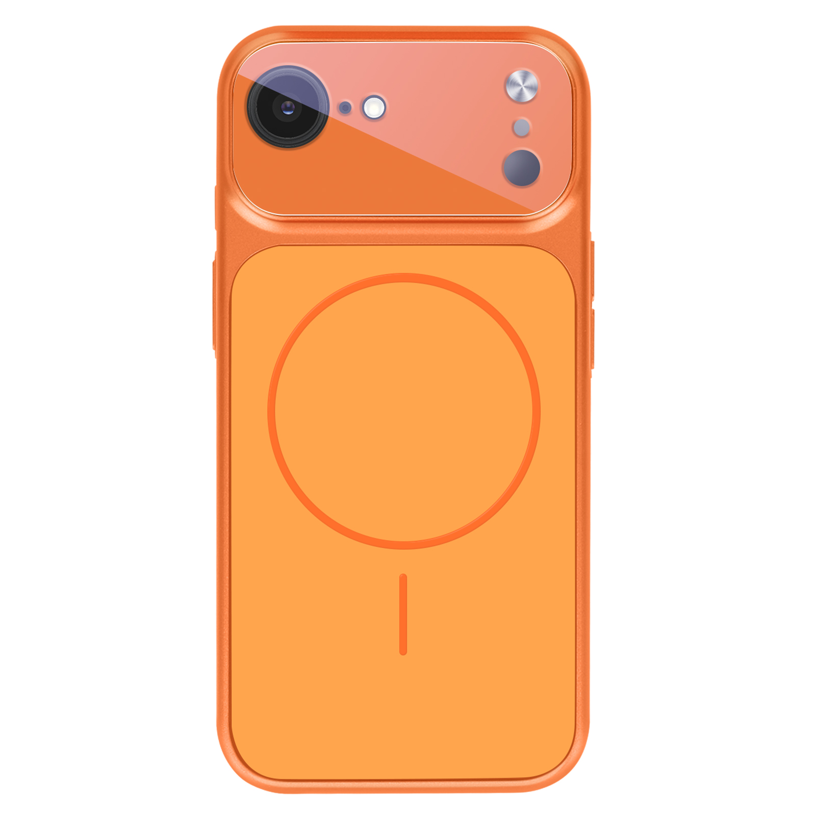 Ein orangefarbenes Smartphone mit Schutzhülle und runder magnetischer Ladefläche auf der Rückseite.