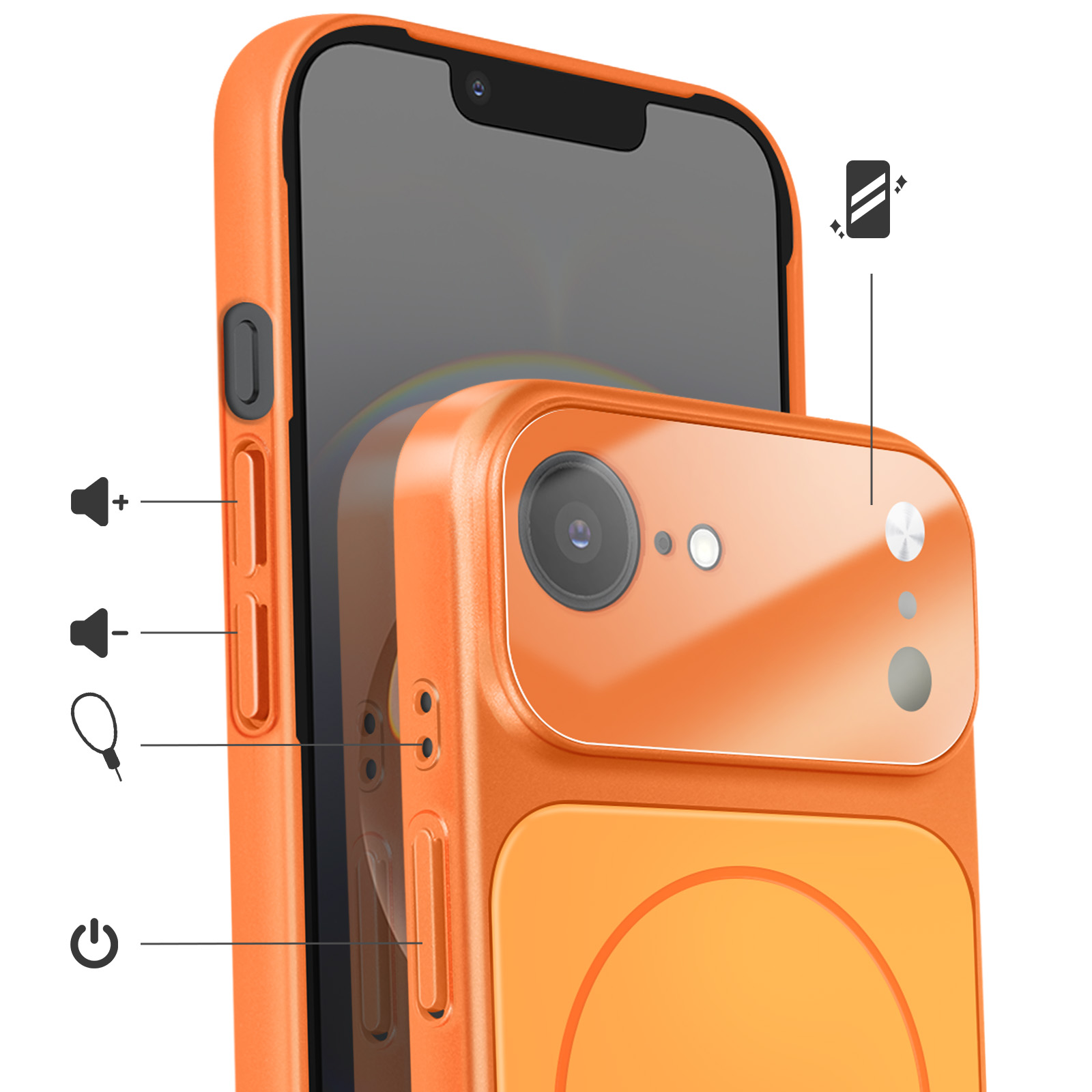 Orangeres Smartphone in Schutzhülle mit Knöpfen und Kamerasymbolen.