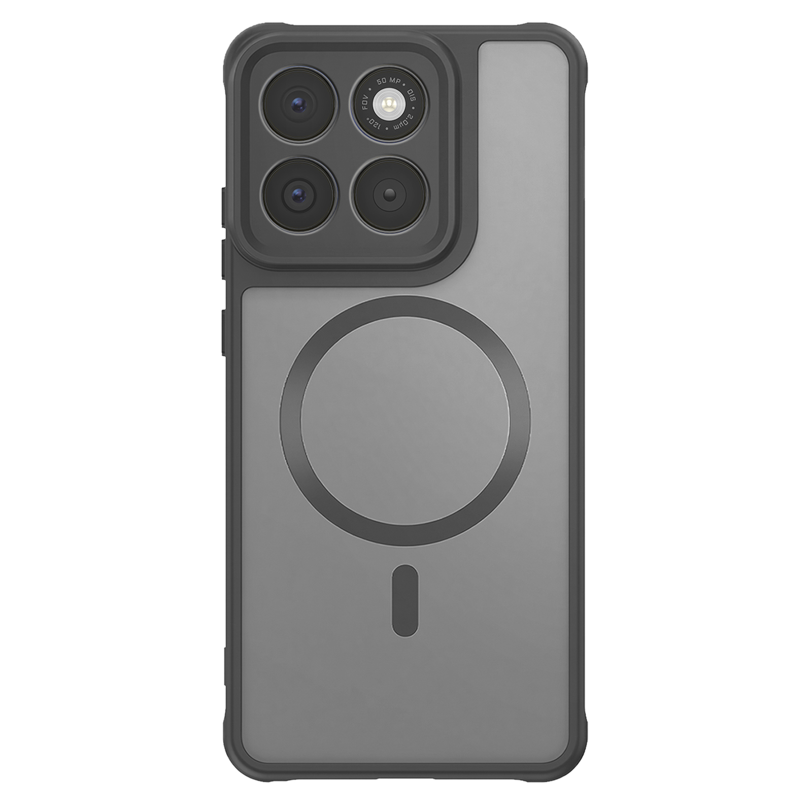 Eine schwarze Smartphone-Hülle mit Kameraausschnitt, Magnetring und durchsichtiger Rückseite auf hellem Grund.