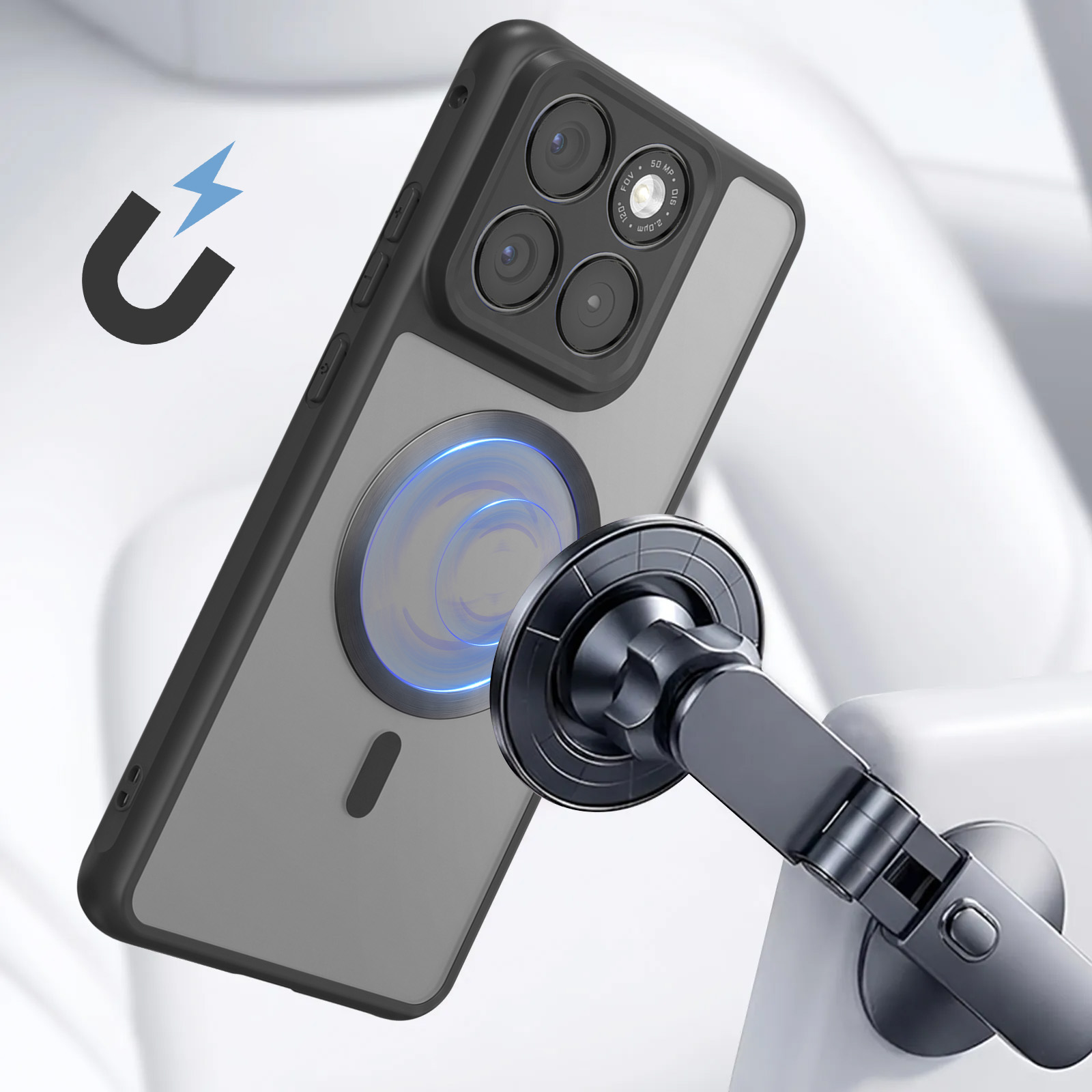 Smartphone in Schutzhülle magnetisch an einer Halterung befestigt.
