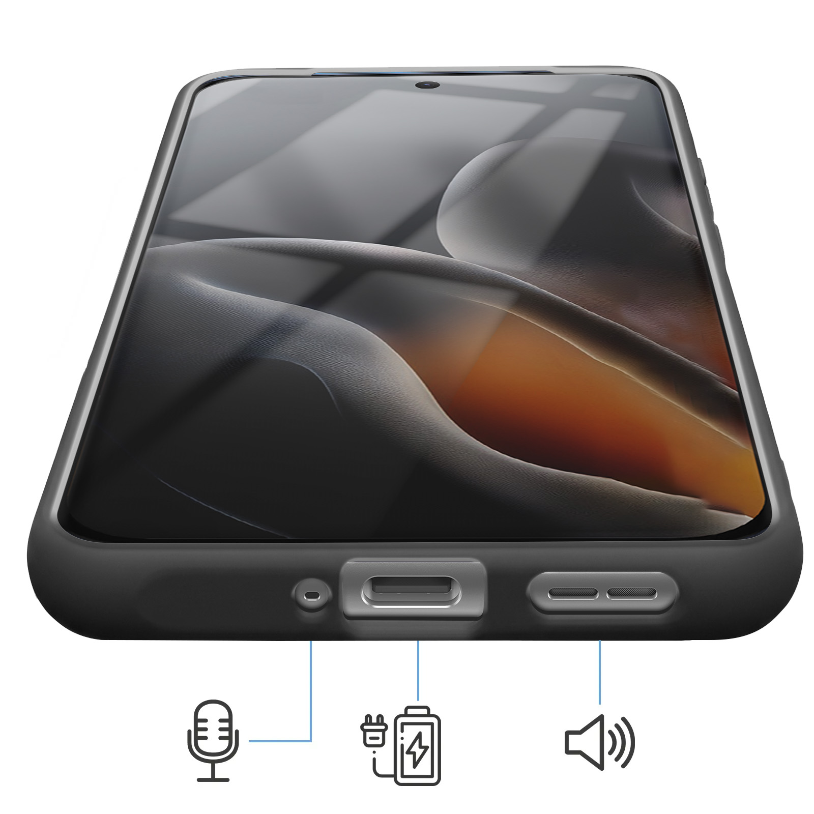 Smartphone in Schutzhülle, Nahaufnahme der Unterseite mit Mikrofon, Ladeanschluss und Lautsprecher.