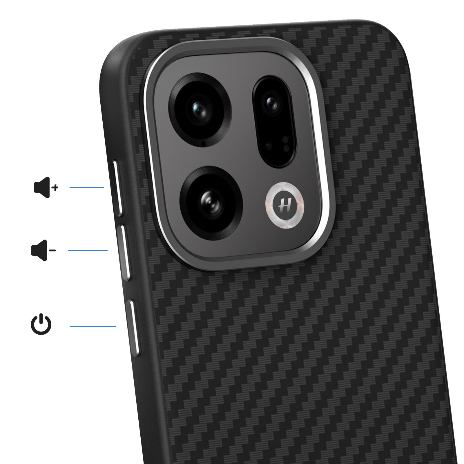Rückseite eines Smartphones mit Carbonmuster, Kamera-Modul und seitlichen Tasten für Lautstärke und Ein/Aus.