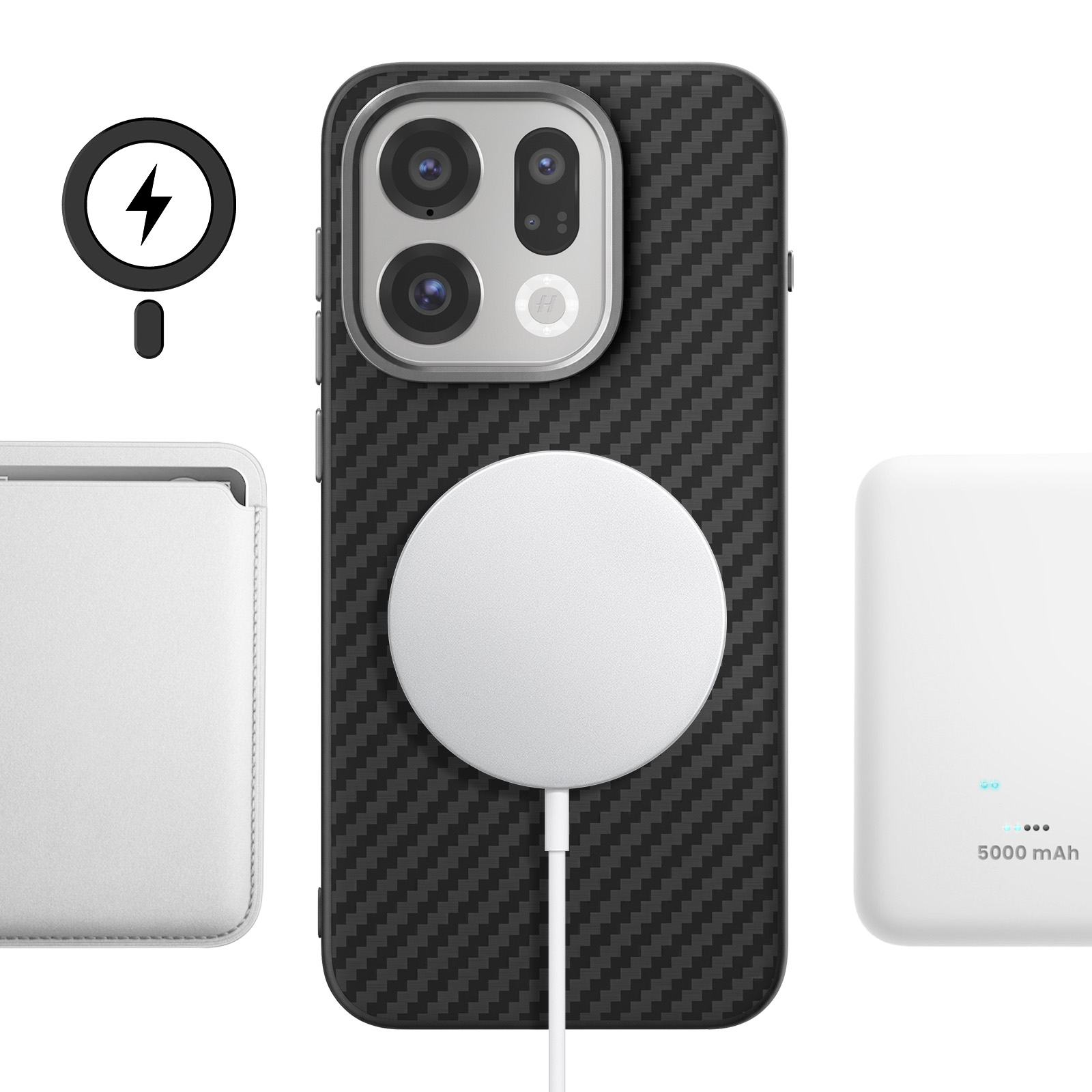 Ein Smartphone mit Kohlefaserhülle, magnetischem Ladegerät und externem Akku.