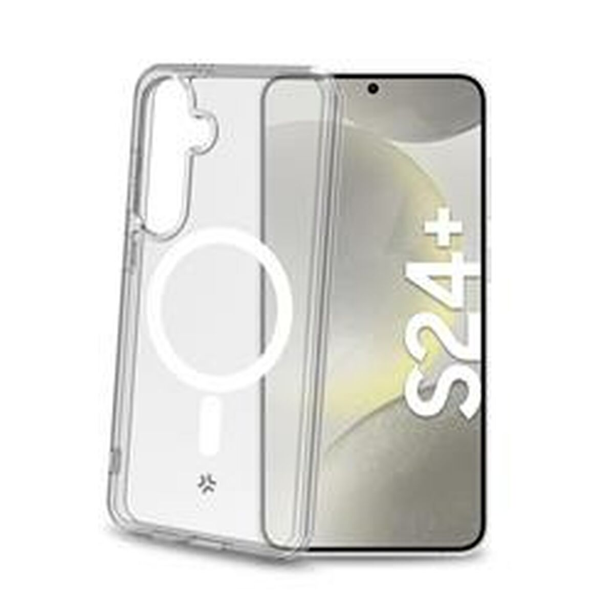 Una funda transparente con anillo magnético, junto a un teléfono que muestra S24+ en pantalla.