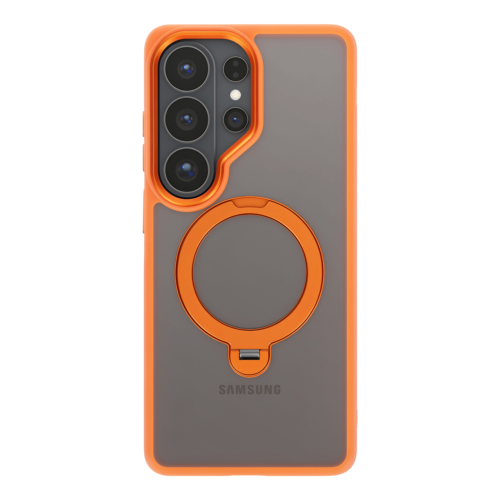 Rückseite einer grauen Samsung-Handyhülle mit orangefarbenem Rand, Kamerapack und integriertem Ringhalter.