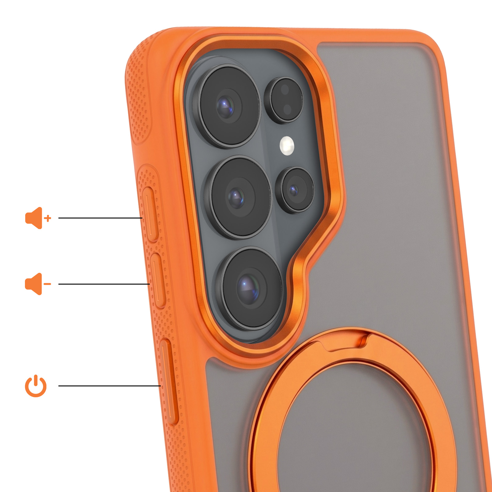 Rückseite eines Smartphones in einer orangen Schutzhülle mit mehreren Kameralinsen und Tastenbeschriftungen.