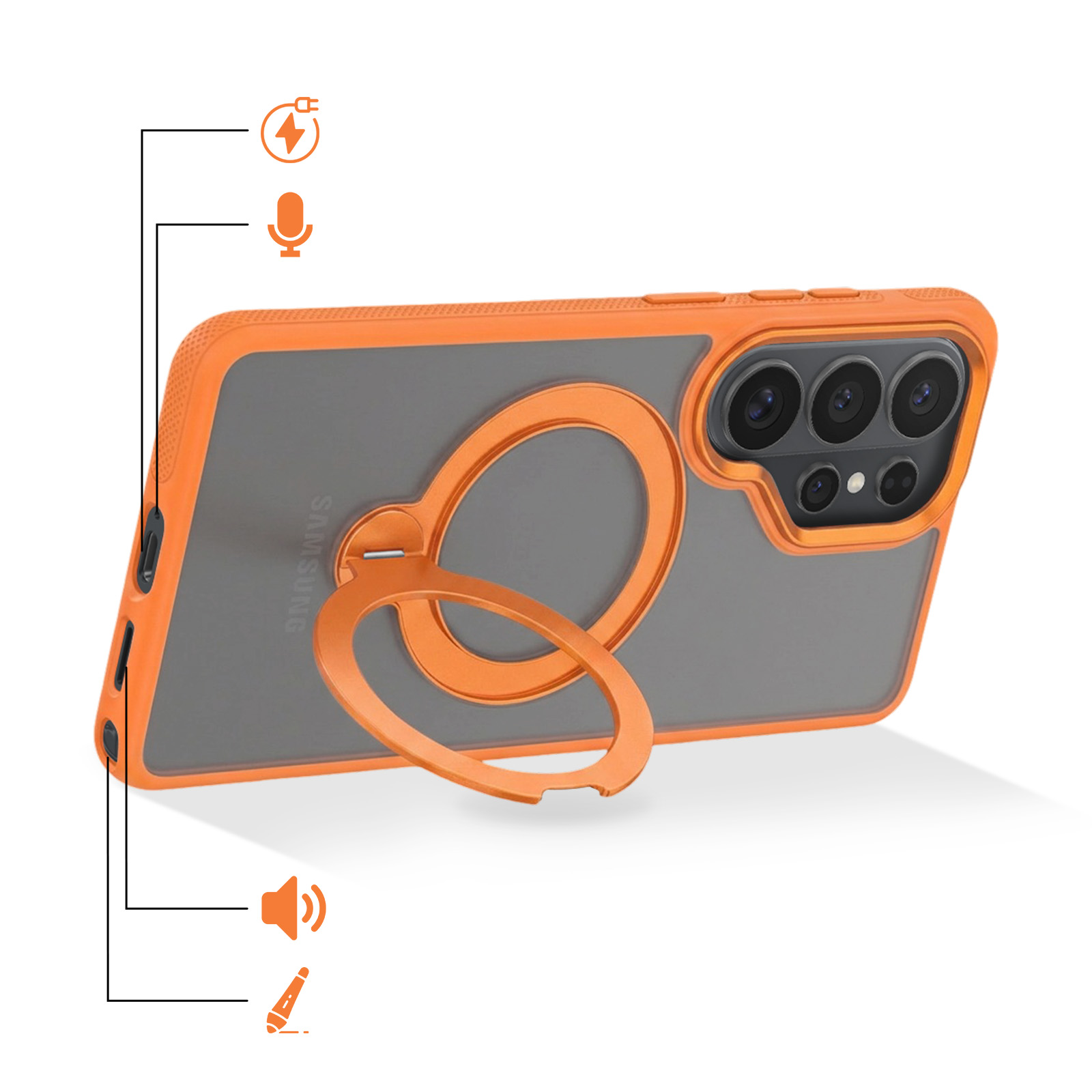 Eine orangefarbene Handyhülle mit Ständerring, transparenter Rückseite und beschrifteten Anschlüssen.