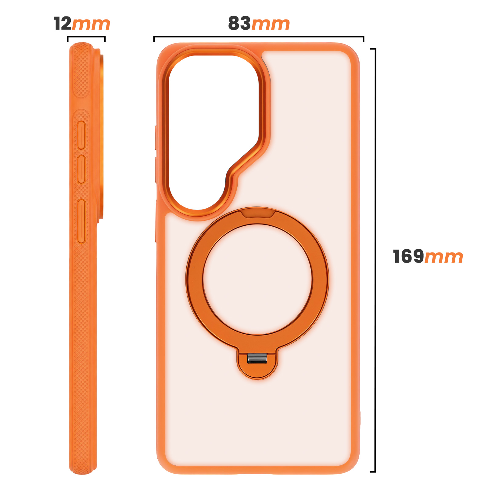 Oranger Handyhülle mit Ringständer und Maßangaben von 12mm Tiefe, 83mm Breite und 169mm Höhe.