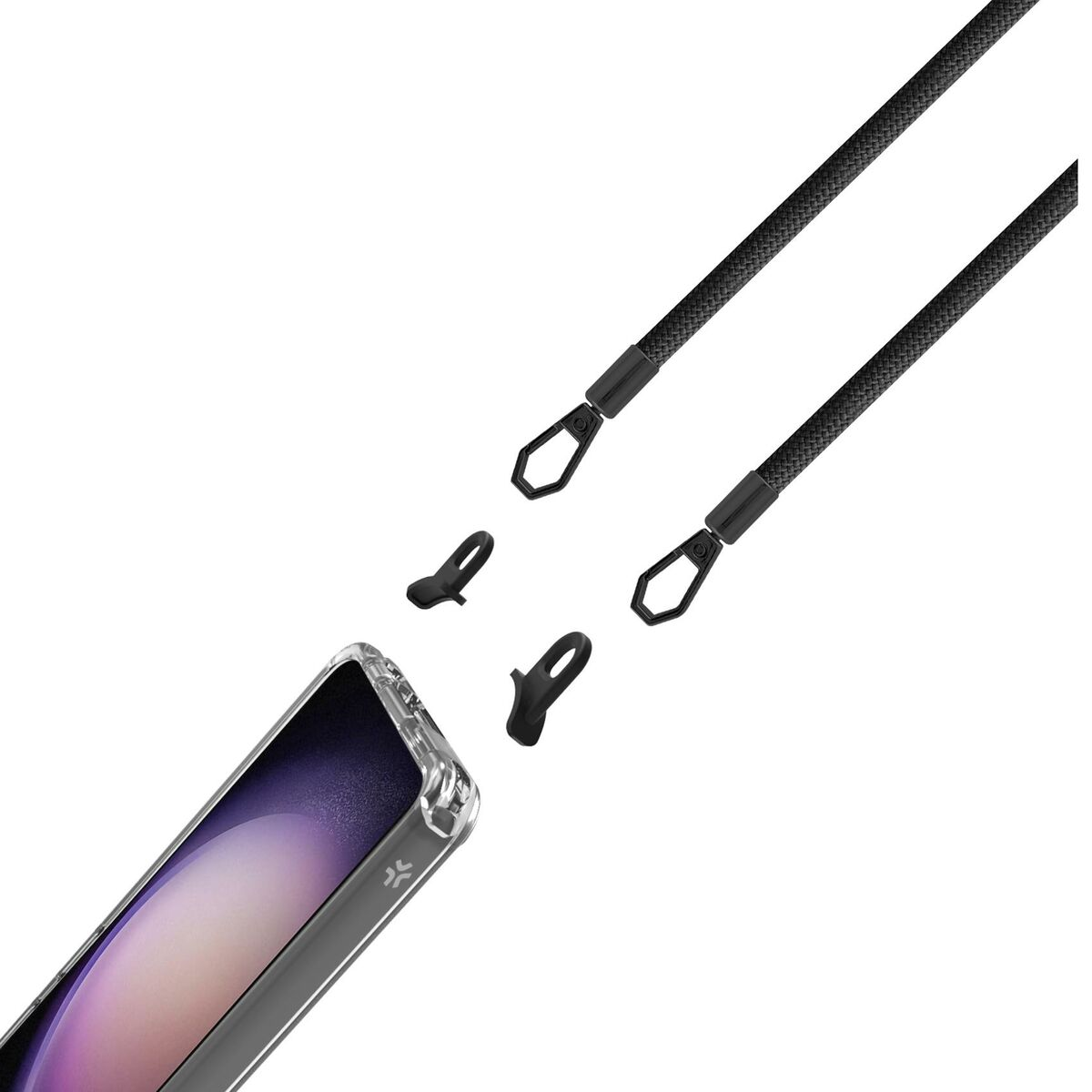 Funda transparente para teléfono con conectores negros y un cordón negro sobre fondo blanco.