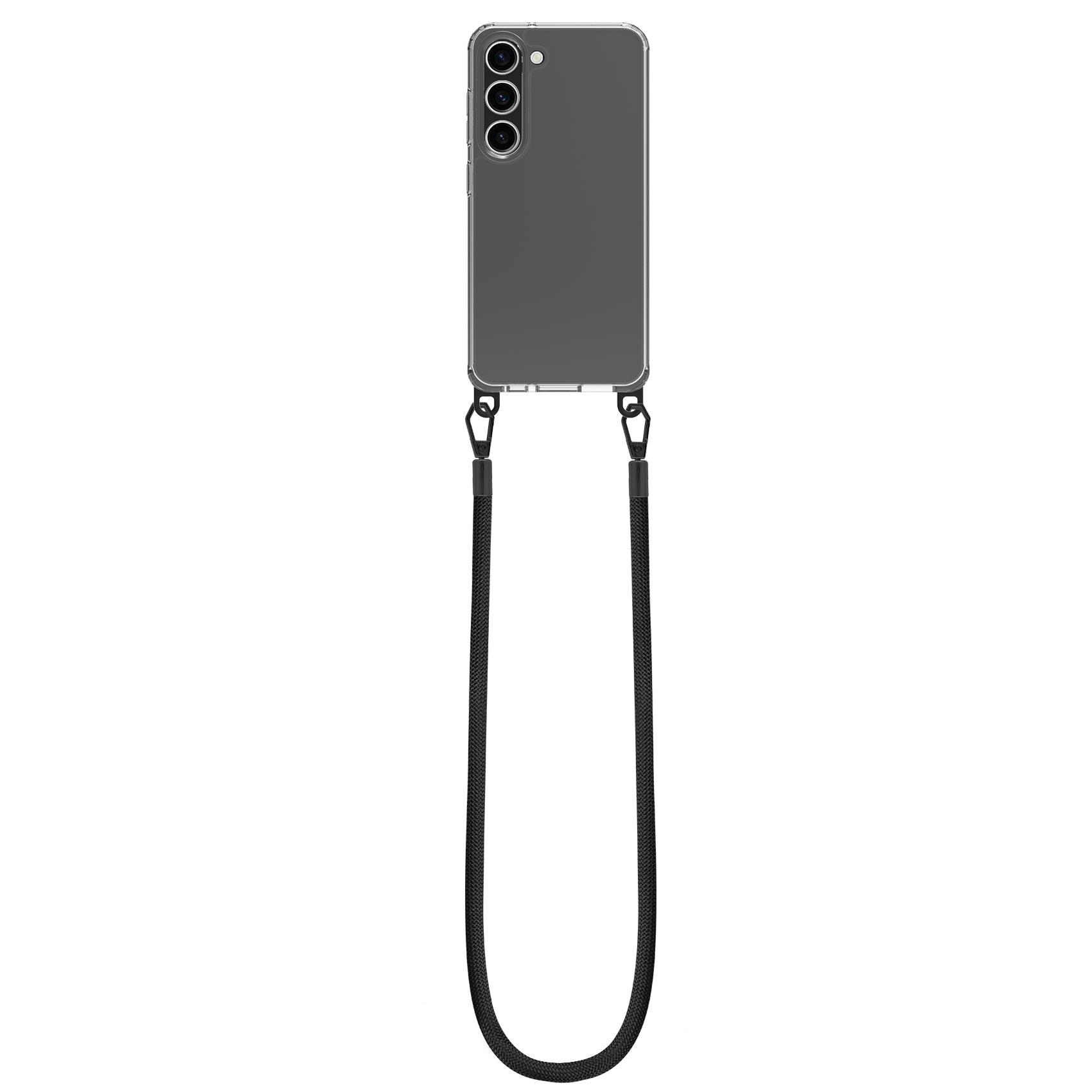 Un smartphone gris en una funda transparente con un cordón negro largo que cuelga sobre un fondo blanco.
