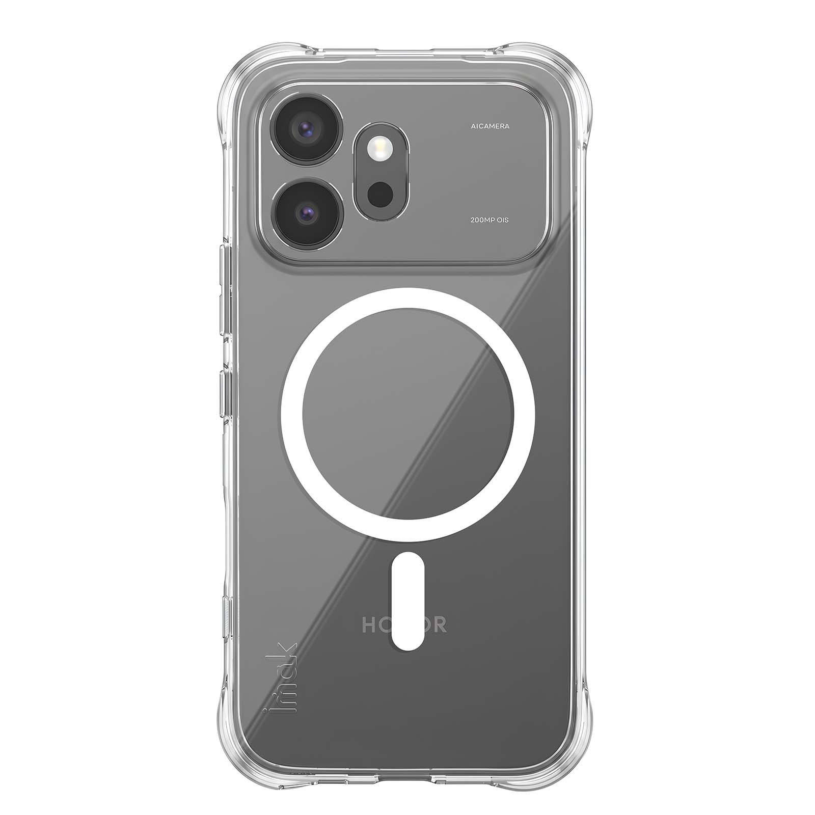Transparente Handyhülle mit MagSafe-Ring, Kameraaussparung und Logos auf der Rückseite.
