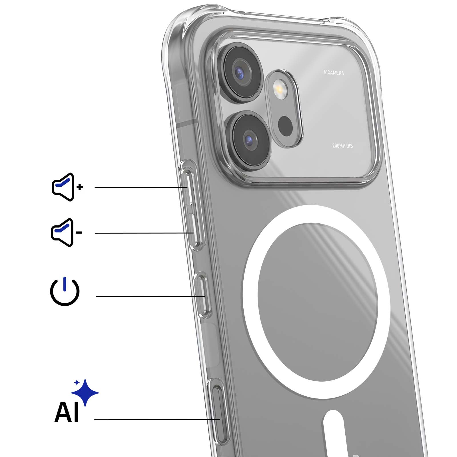 Klares Smartphone-Case mit MagSafe-Ring und Funktionssymbolen für Tasten.