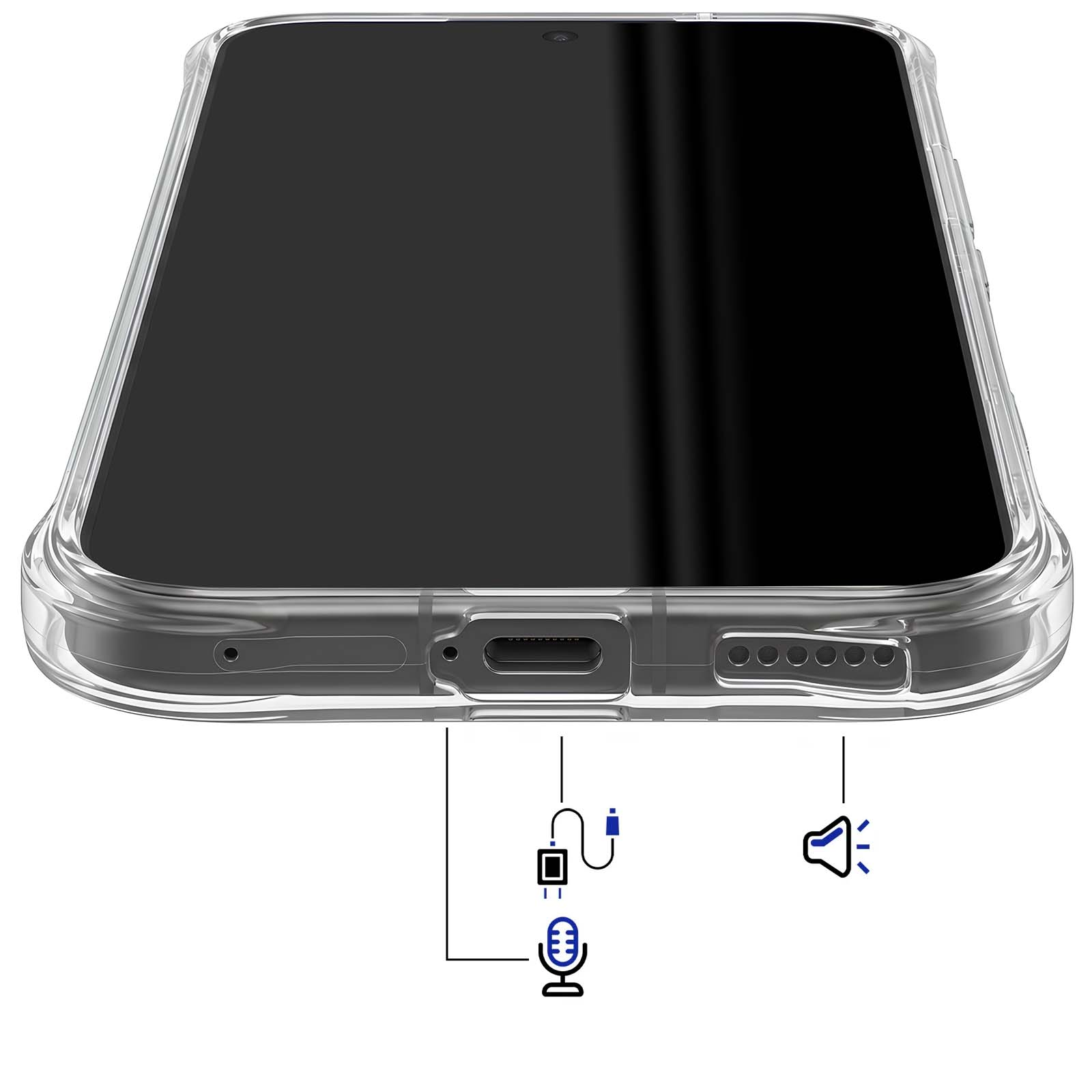 Ein Smartphone in einer Klarsichthülle, unter dem Anschluss, Mikrofon und Lautsprecher mit Diagrammen markiert sind.
