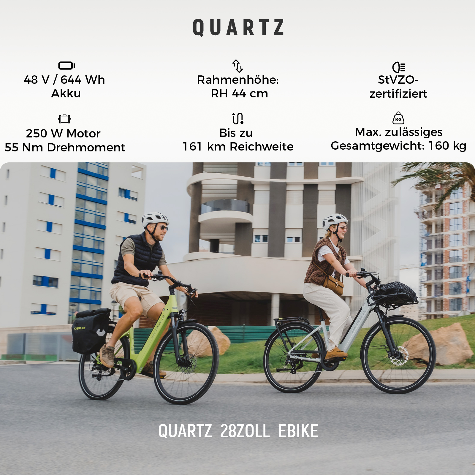 Ein Mann und eine Frau fahren auf E-Bikes durch die Stadt, darüber technische Daten.