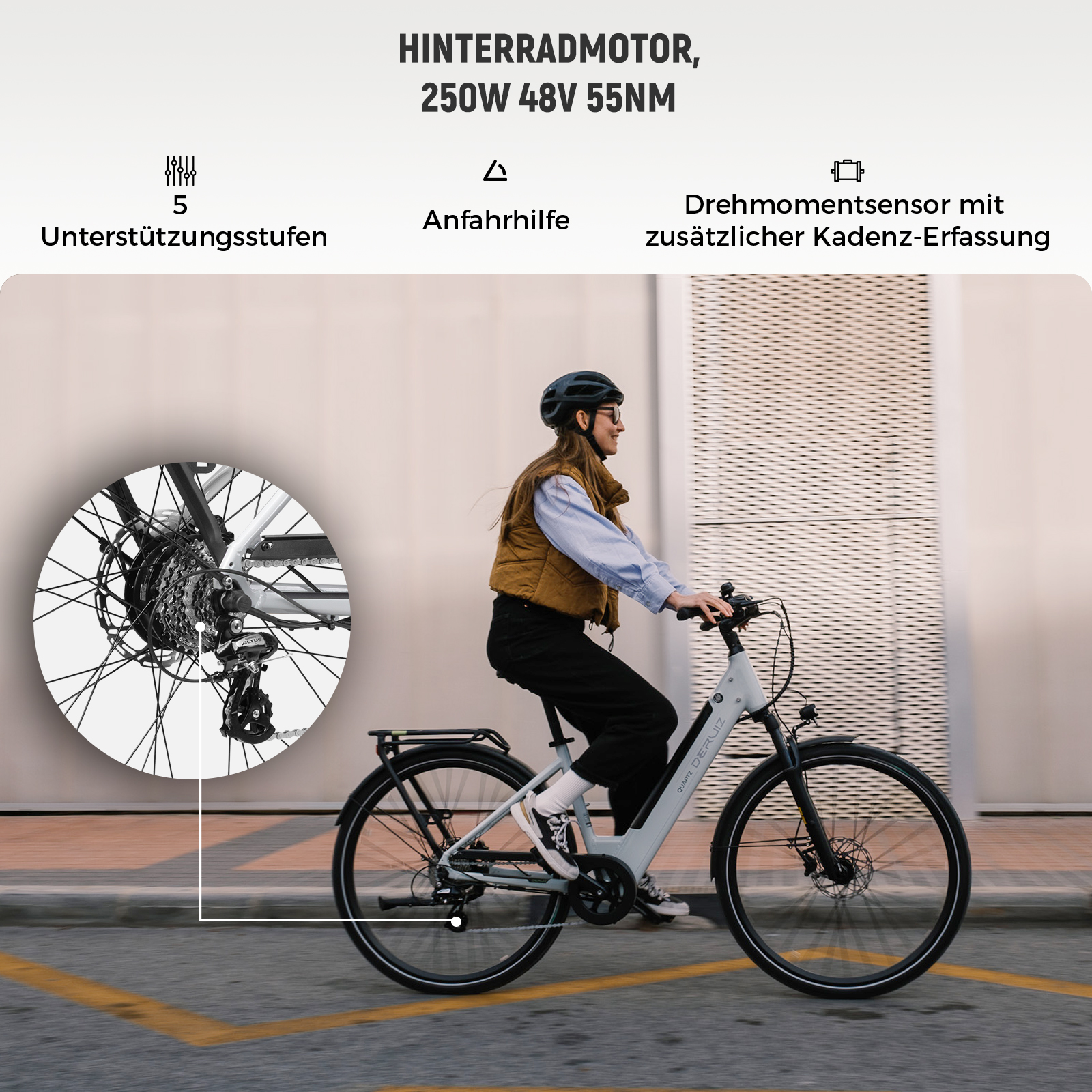 Frau fährt ein weißes E-Bike, im Ausschnitt ist der Motor am Hinterrad zu sehen, mit deutscher Beschreibung.