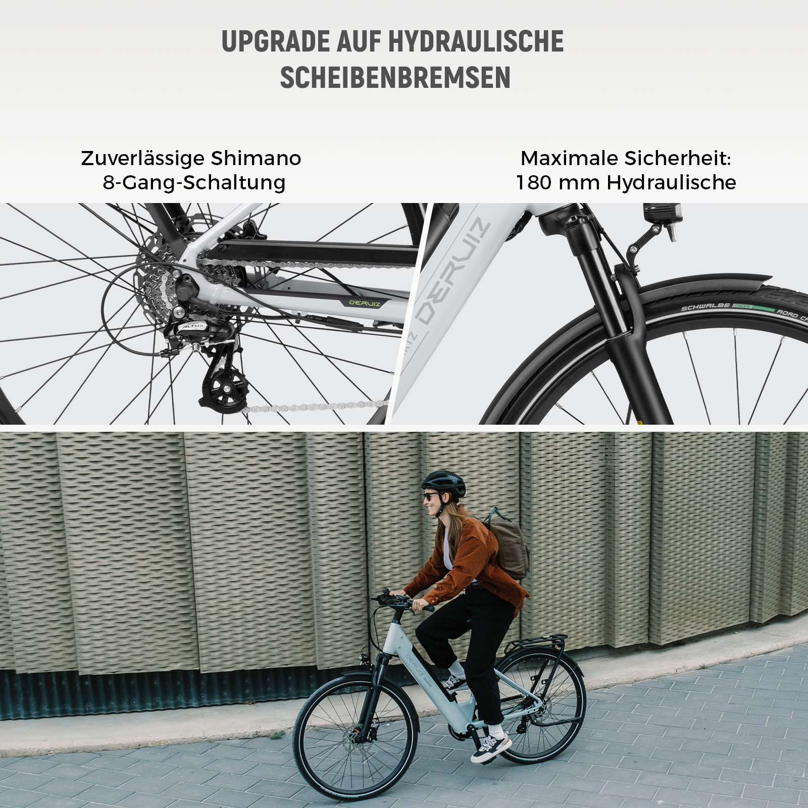 Eine Radfahrerin auf einem Deruiz E-Bike vor einer modernen, strukturierten Wand, mit Detailaufnahmen von Gangschaltung und Bremsen.