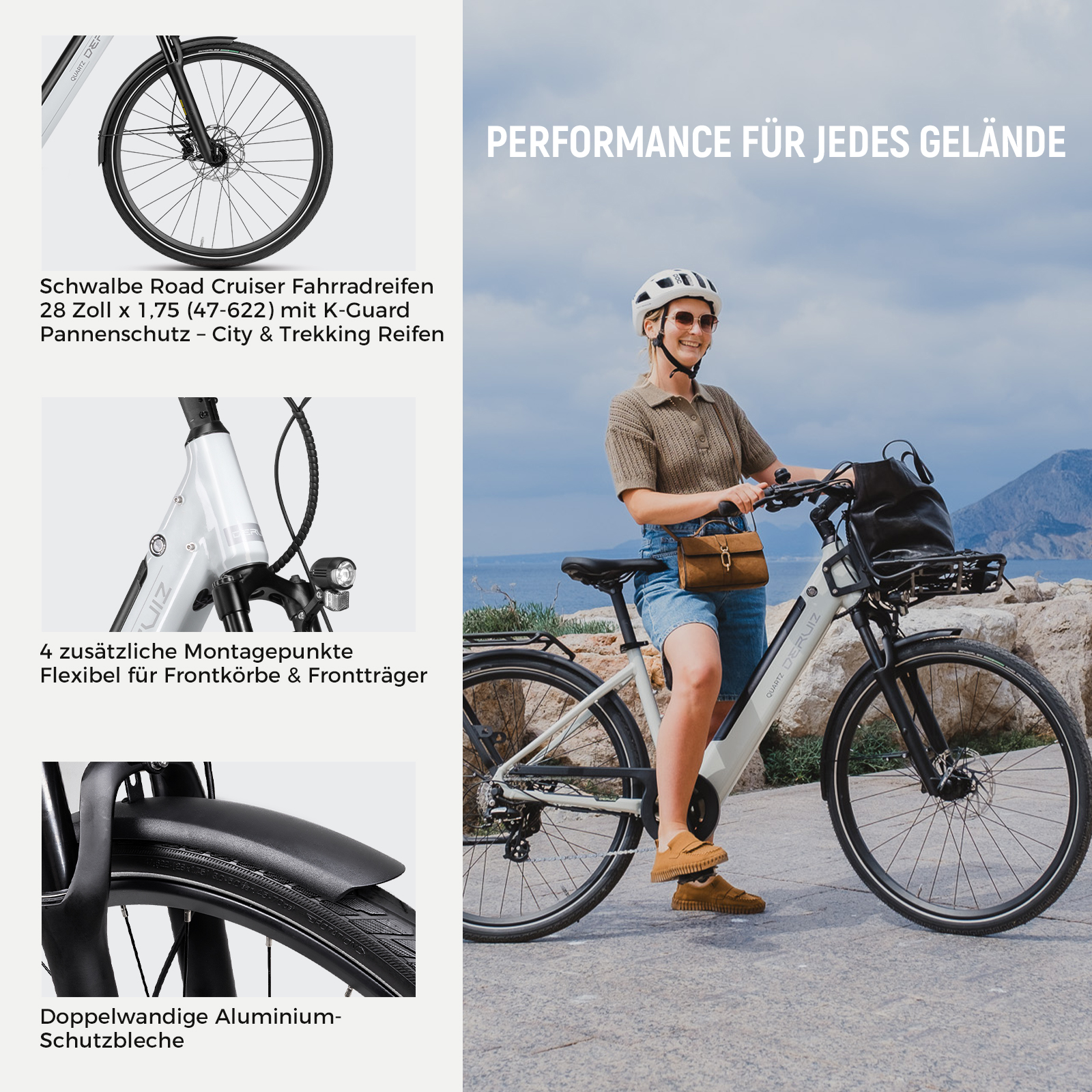 Eine Frau in Helm und Brille posiert mit einem E-Bike am Meer, mit Detailbildern von Reifen, Rahmen und Schutzblech.