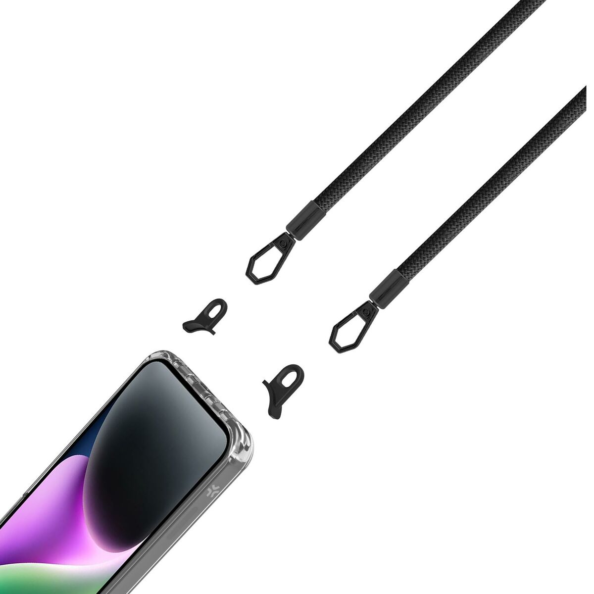 Un teléfono en funda transparente con dos anclajes negros y un cordón negro sobre fondo blanco.