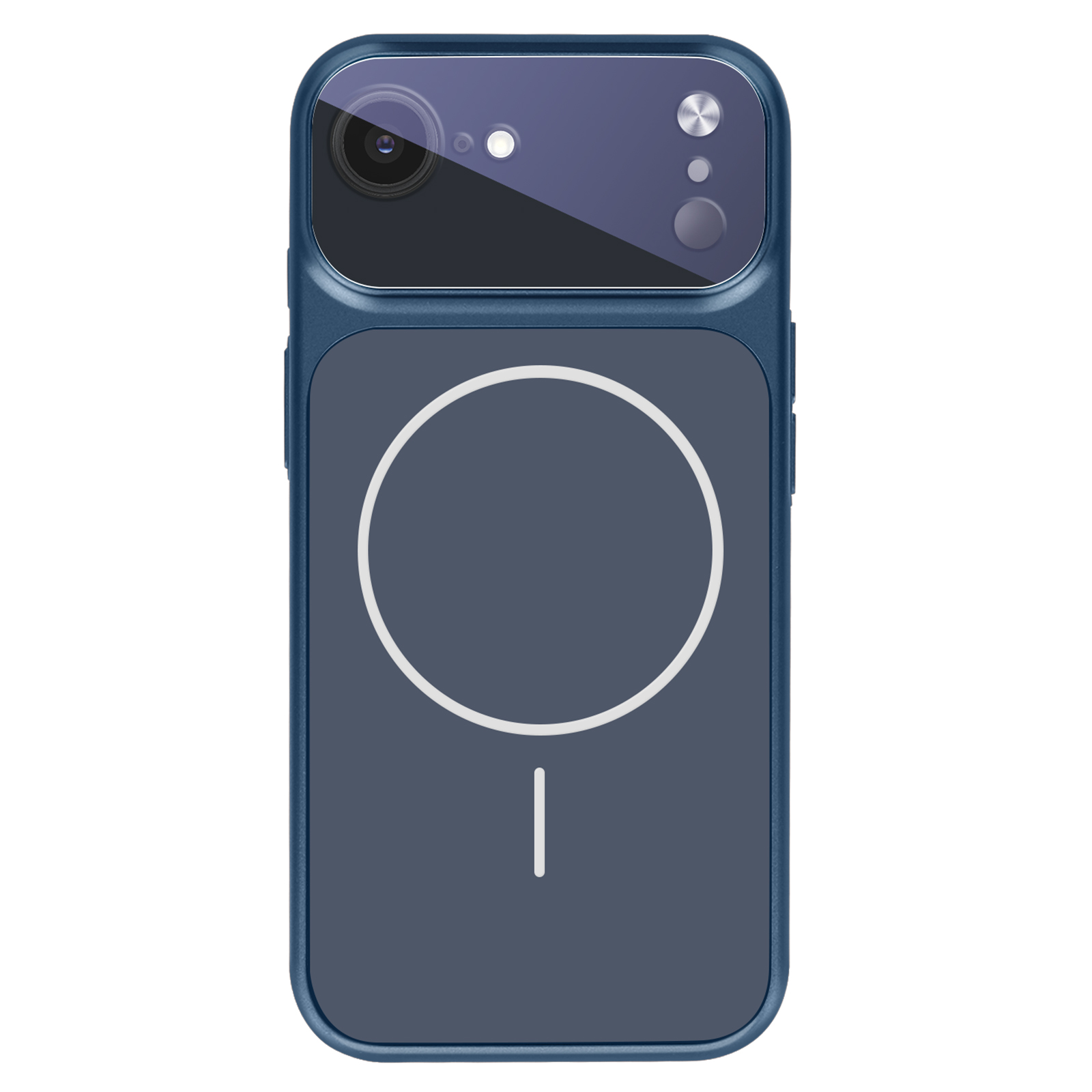 Blaue Smartphone-Rückseite mit Kamera und kreisförmigem MagSafe-Ring.