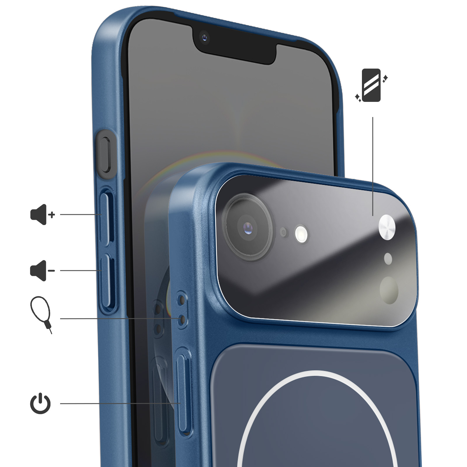 Blaue Smartphone-Hülle mit Kameraausschnitt und seitlichen Tasten-Icons.