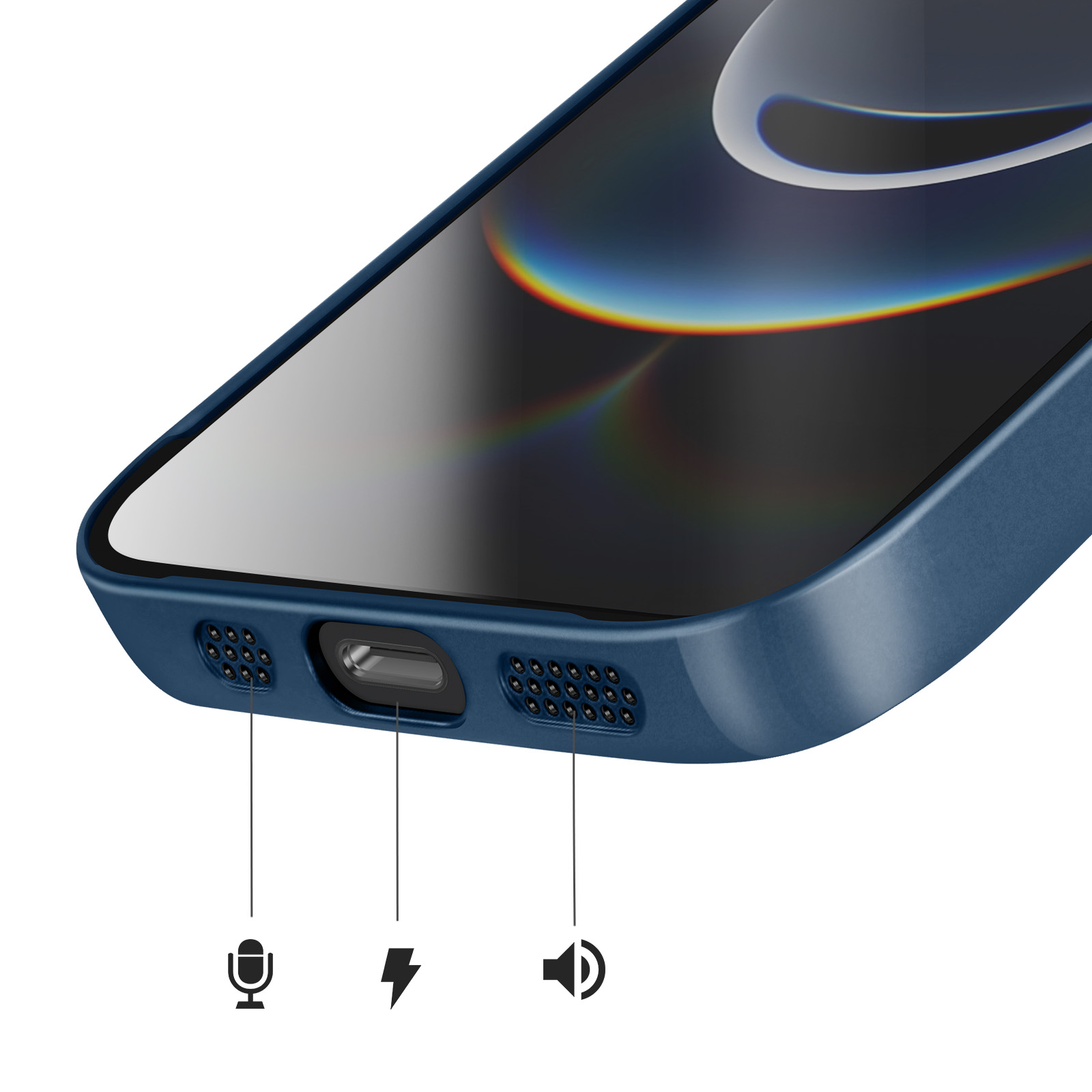 Die Unterseite eines blauen Smartphones zeigt Ladeanschluss, Lautsprecher und Mikrofon mit Icons.