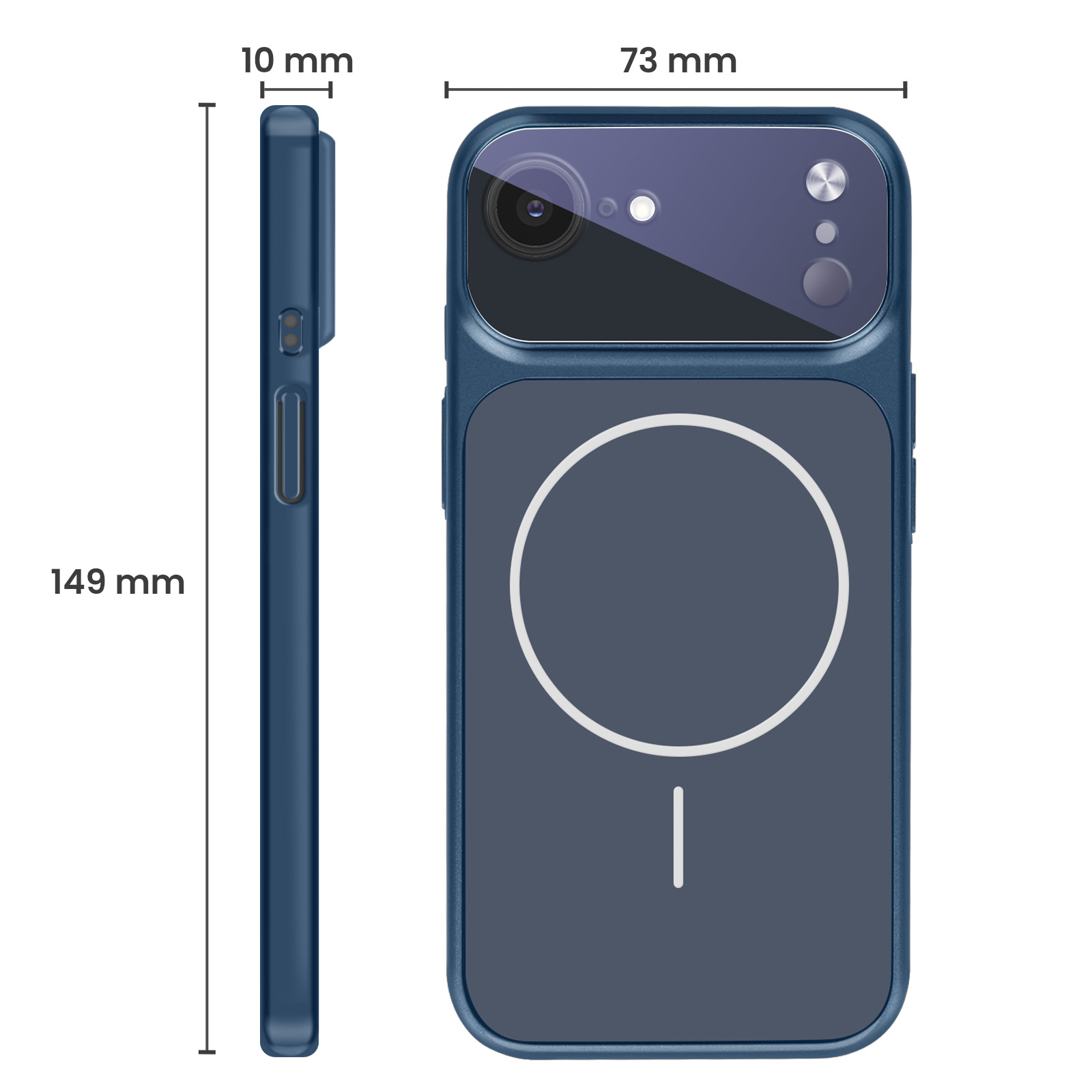 Blaue Handyhülle mit Kameraausschnitt und MagSafe-Ring, Maße: 149x73x10 mm.