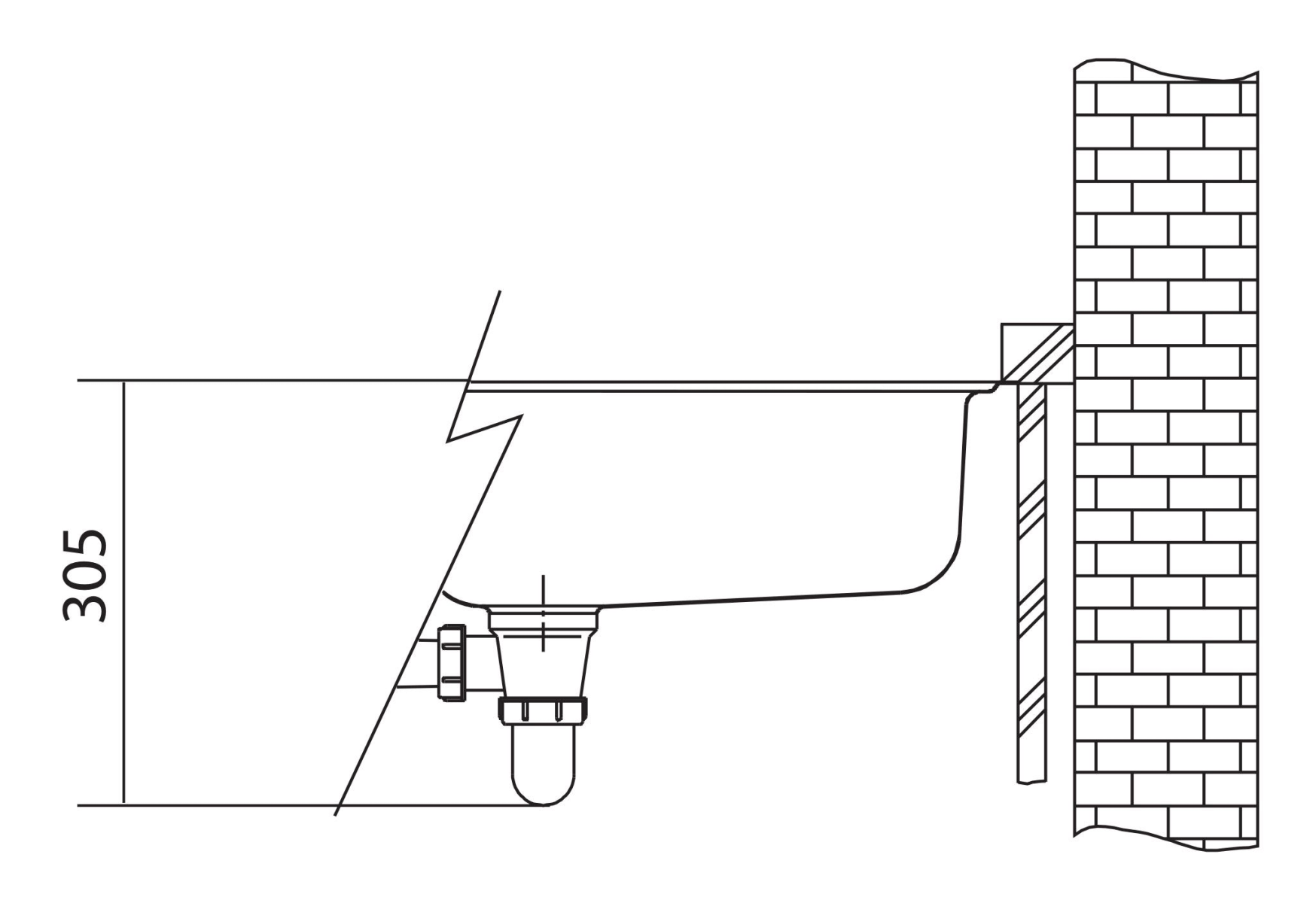 Gideri ve 305 mm ölçüsü olan bir eviyeyi gösteren teknik çizim.