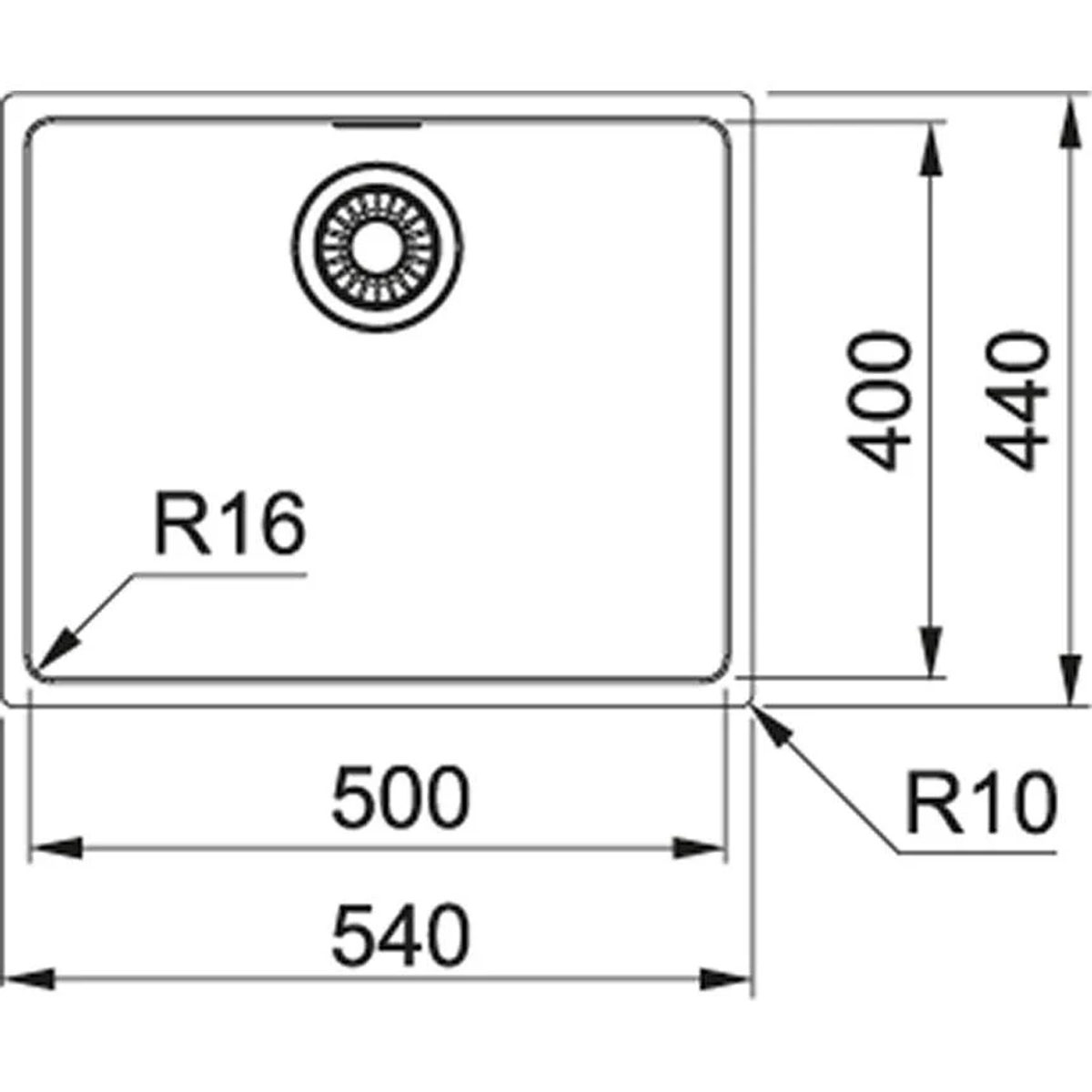 540x440 mm boyutlarında, süzgeçli ve R16, R10 yarıçaplarına sahip dikdörtgen eviyenin teknik çizimi.