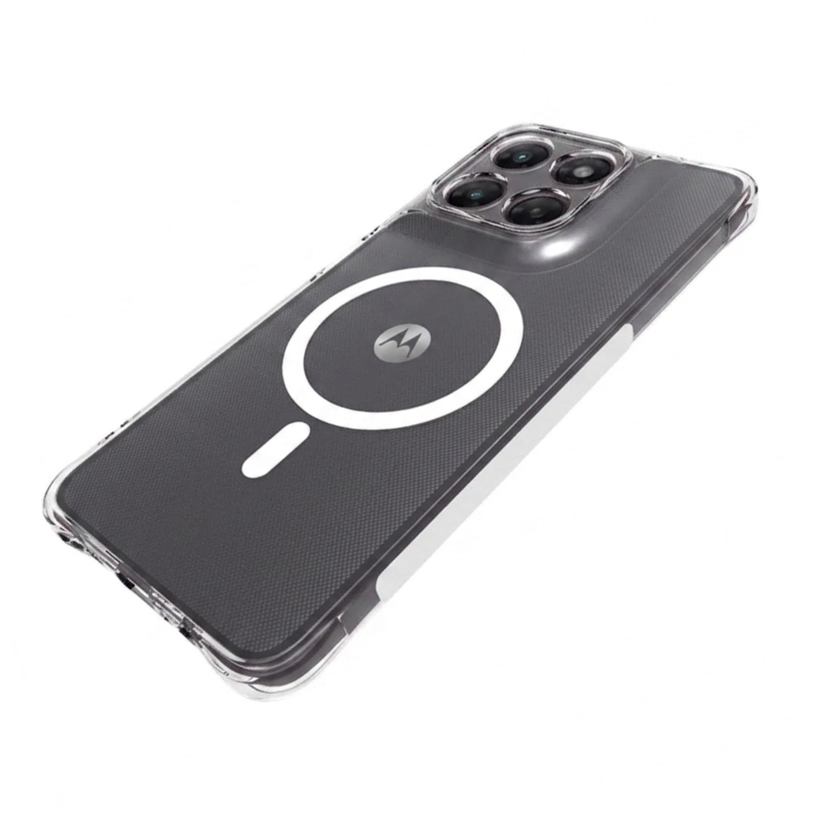 Ein dunkles Smartphone in einer klaren Schutzhülle mit magnetischem Ladering auf der Rückseite, vor weißem Hintergrund.
