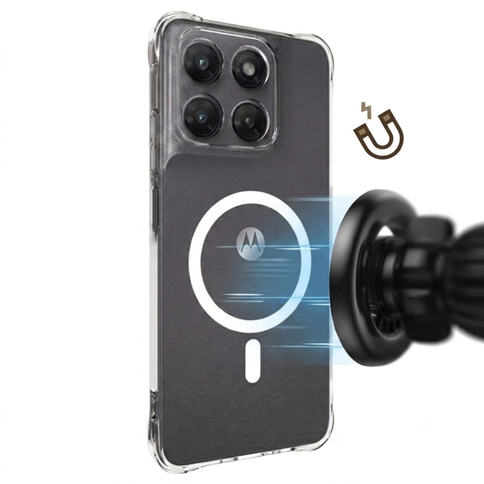 Smartphone in klarer Schutzhülle verbindet sich magnetisch mit einer Autohalterung.