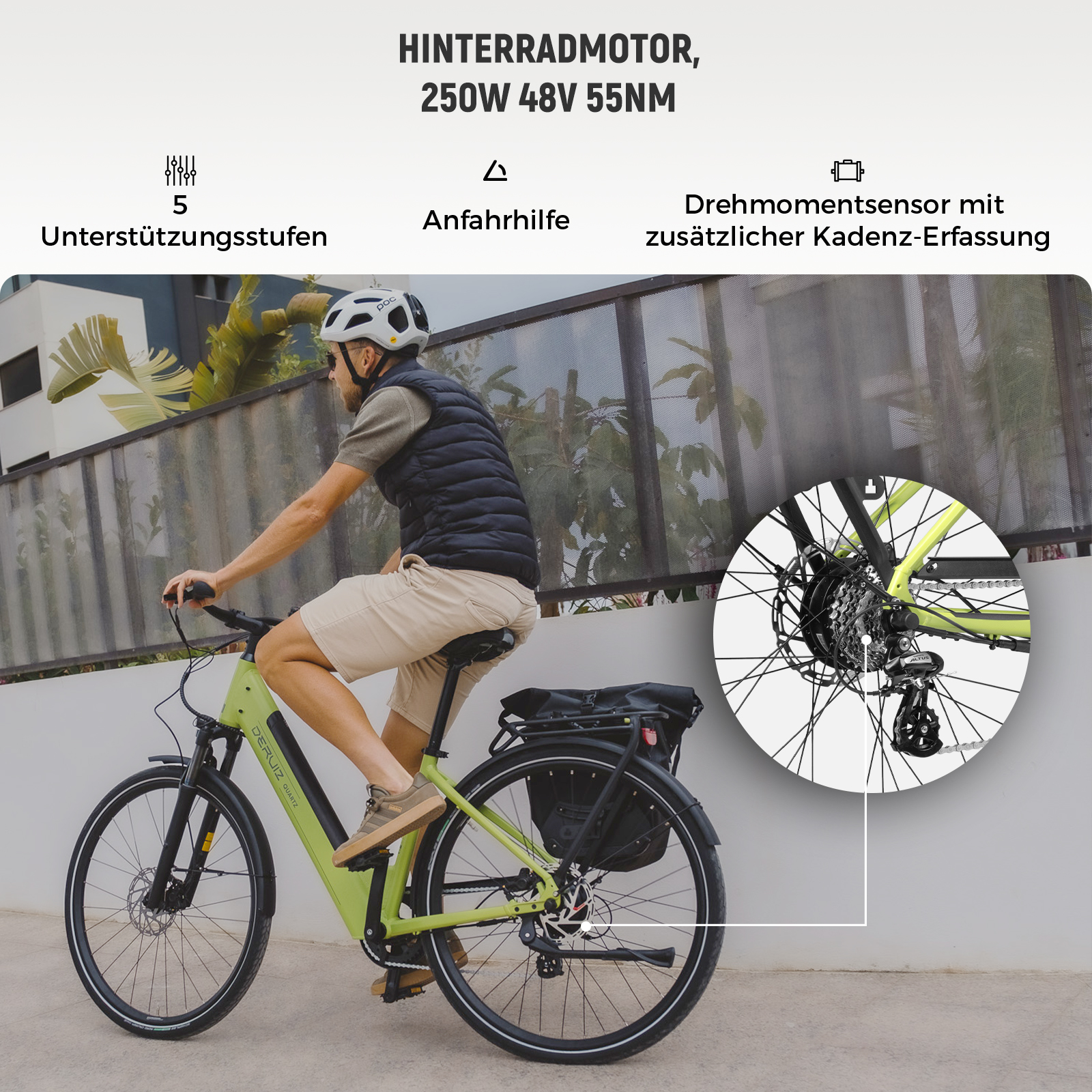 Ein Radfahrer fährt ein hellgrünes E-Bike, mit Detailansicht des Hinterradmotors und der Gangschaltung.