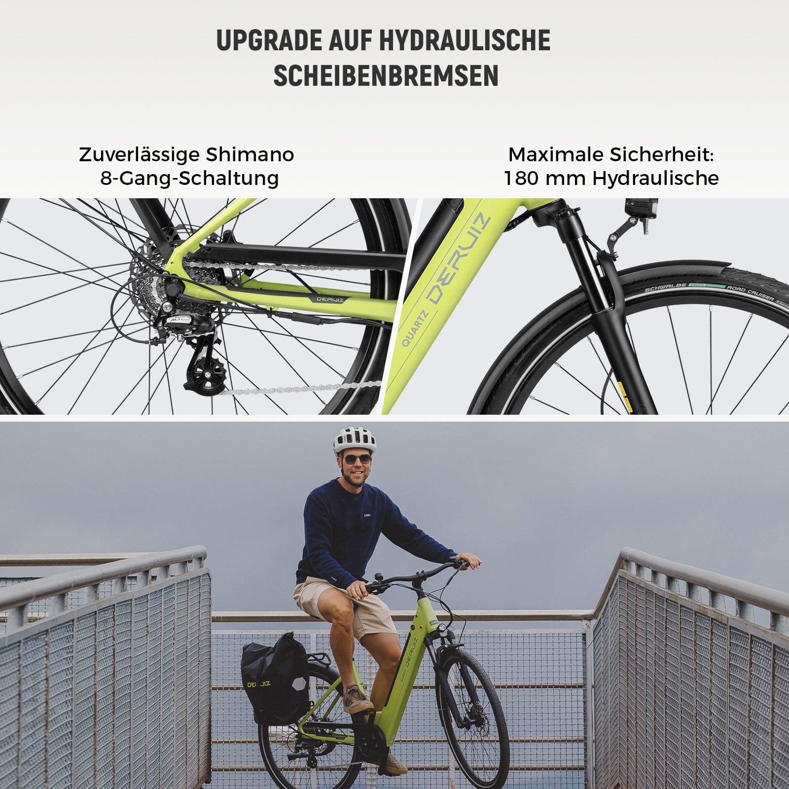 Ein Mann mit Helm und Sonnenbrille fährt ein lindgrünes E-Bike auf einer Brücke, betont durch Gang- und Bremsdetails.